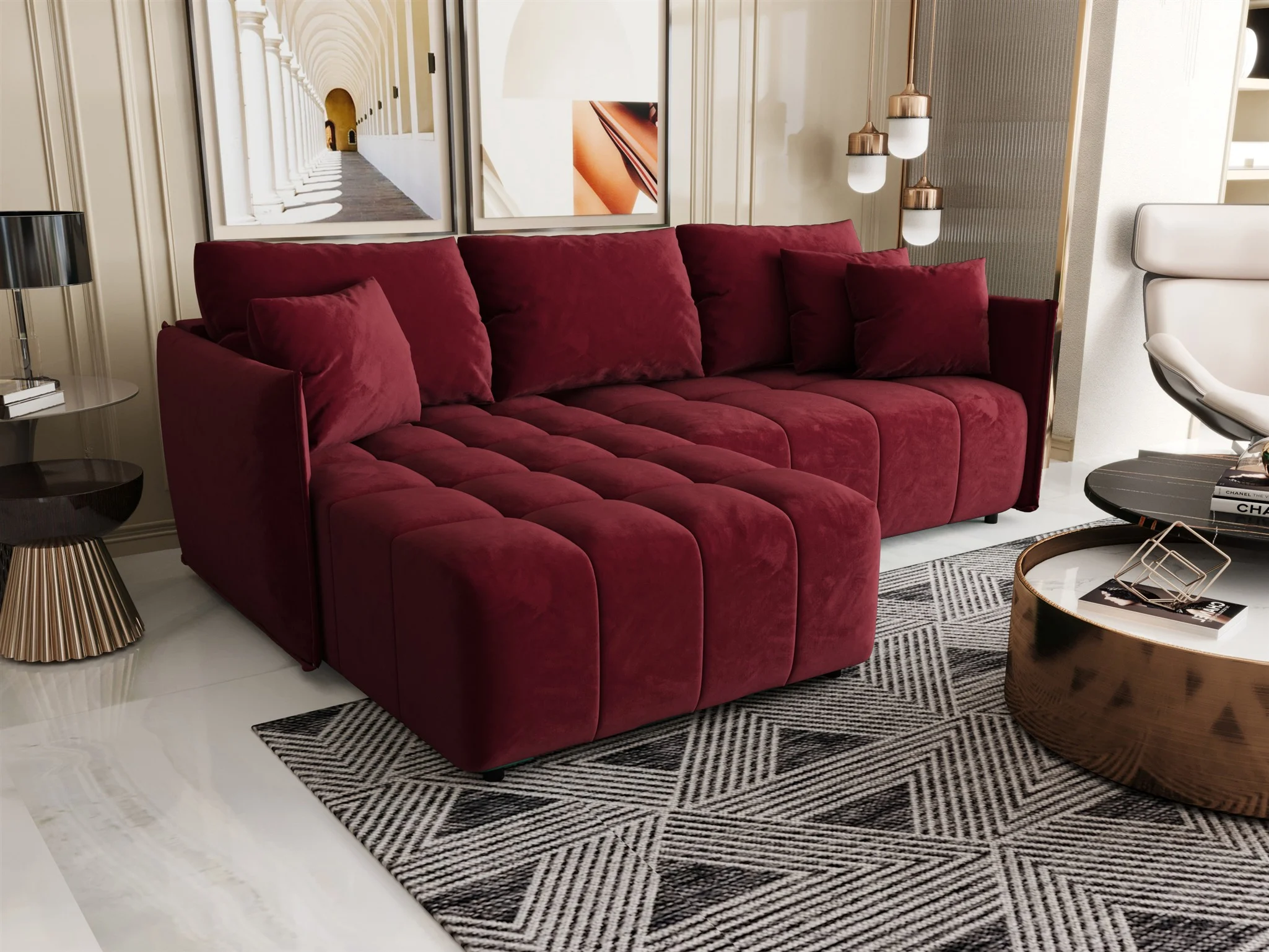 Ecksofa Schlafsofa TREVISO Stoff Monolith Bordeauxrot Ottomane Links - Fun Möbel