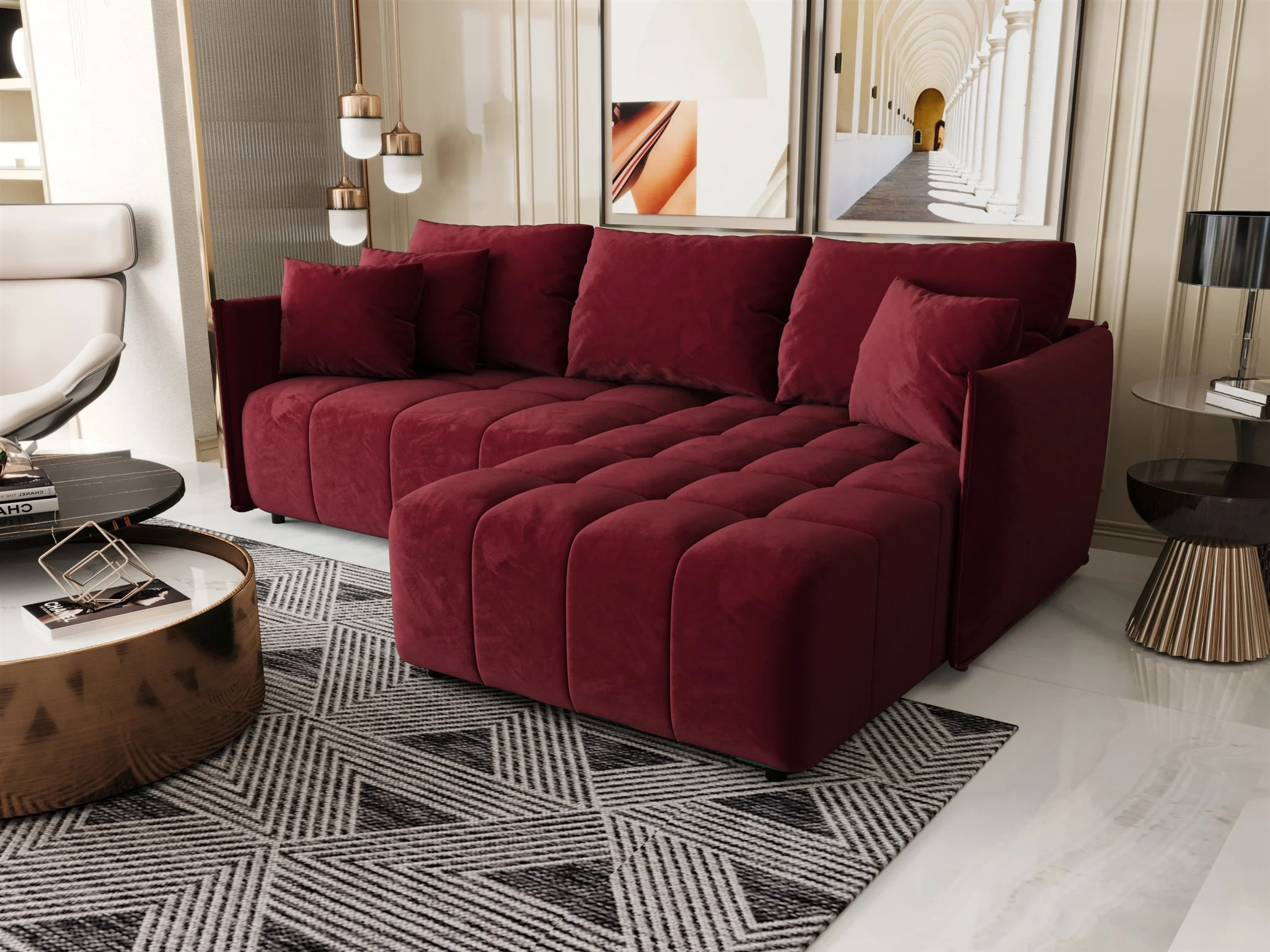 Ecksofa Schlafsofa TREVISO Stoff Monolith Bordeauxrot Ottomane Rechts - Fun Möbel