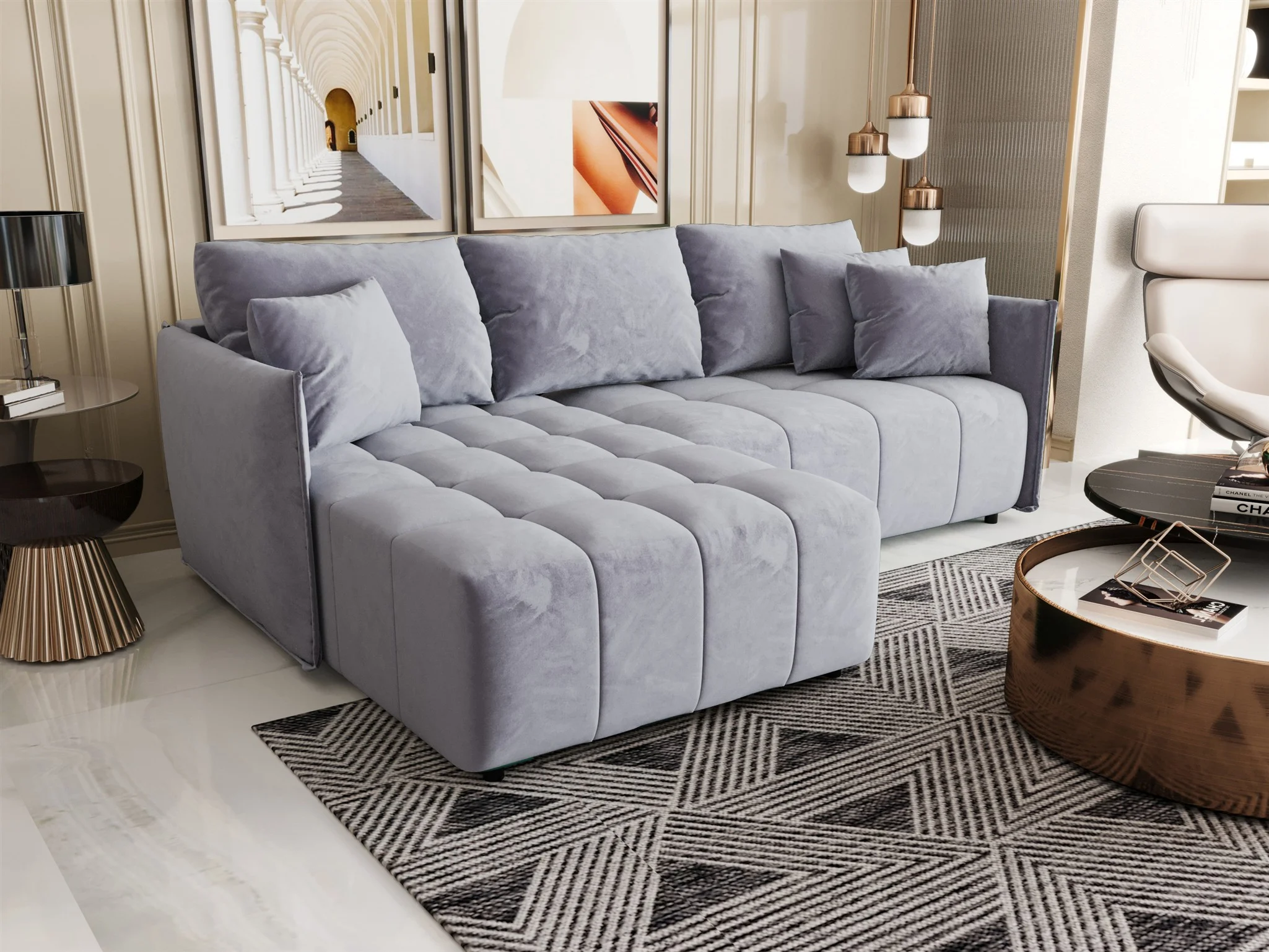 Ecksofa Schlafsofa TREVISO Stoff Monolith Hellblau Ottomane Links - Fun Möbel