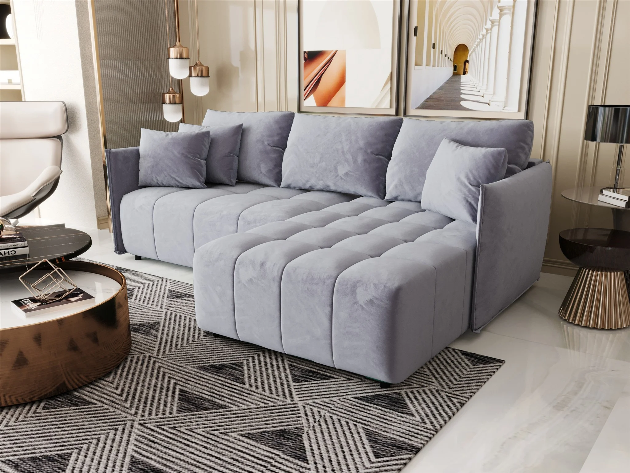 Ecksofa Schlafsofa TREVISO Stoff Monolith Hellblau Ottomane Rechts - Fun Möbel