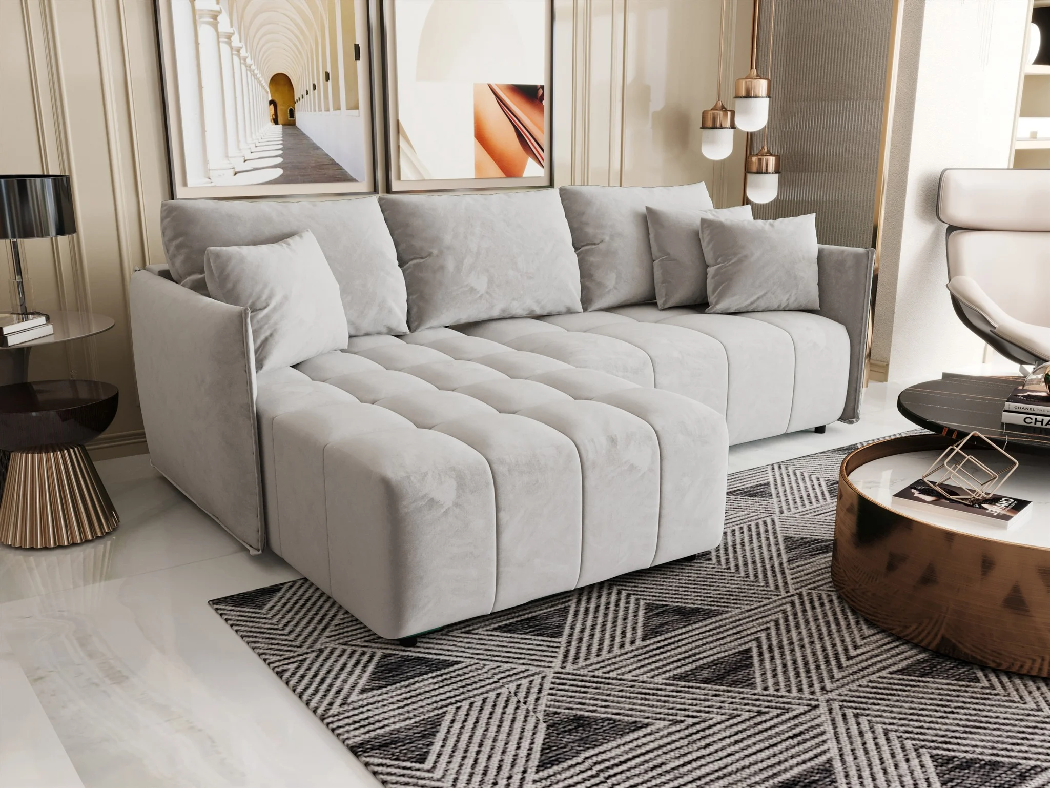 Ecksofa Schlafsofa TREVISO Stoff Monolith Hellgrau Ottomane Links - Fun Möbel
