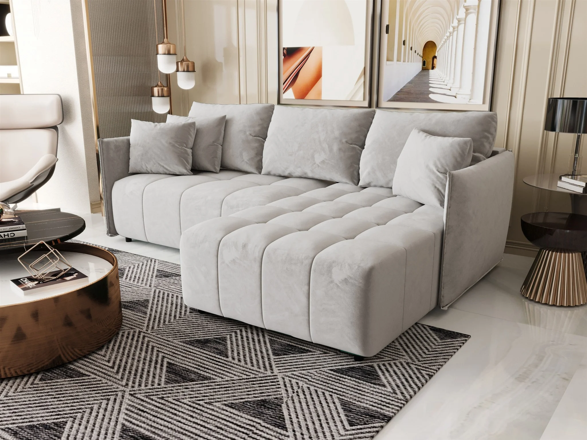 Ecksofa Schlafsofa TREVISO Stoff Monolith Hellgrau Ottomane Rechts - Fun Möbel