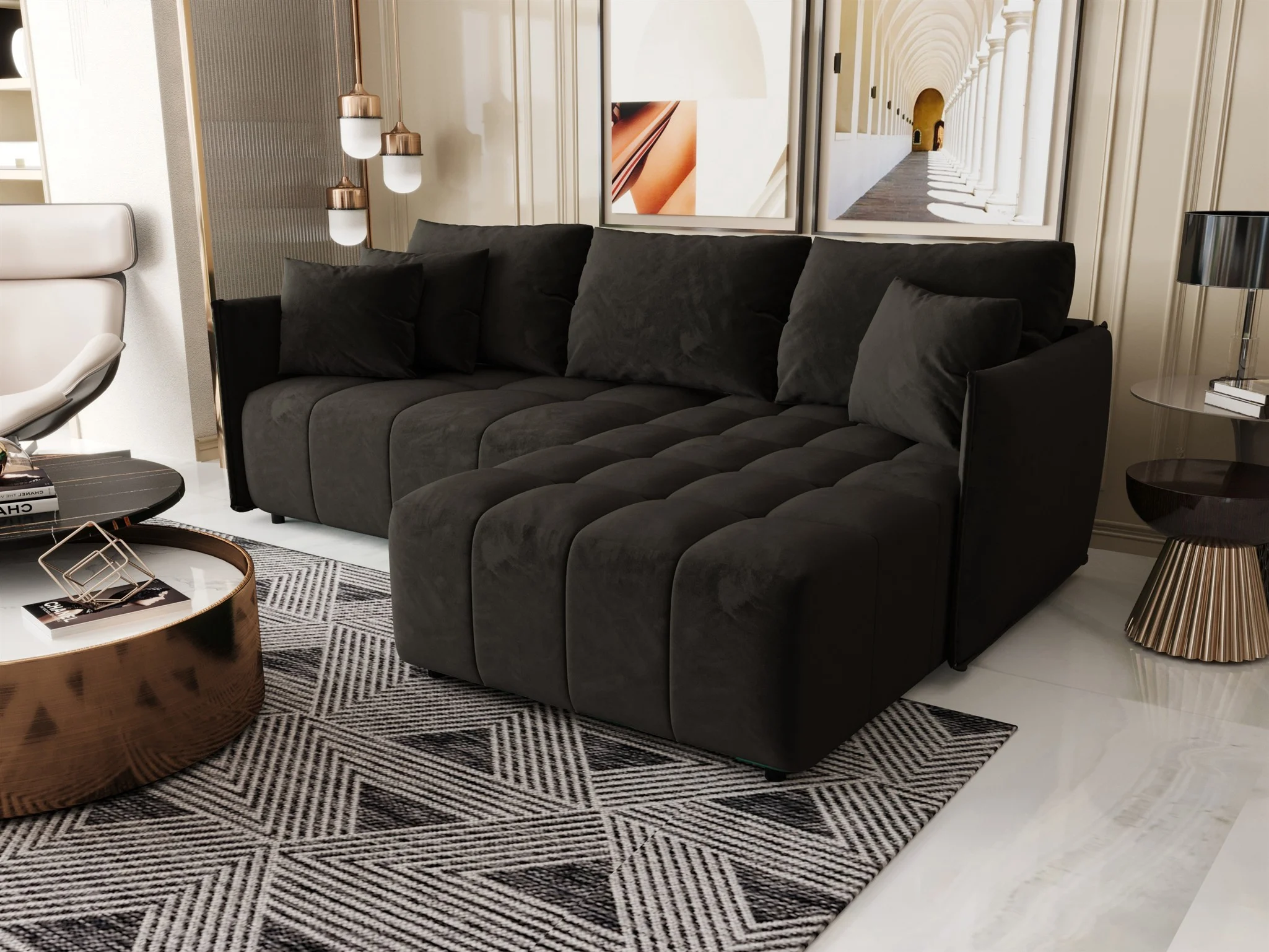 Ecksofa Schlafsofa TREVISO Stoff Monolith Dunkelgrau Ottomane Rechts - Fun Möbel