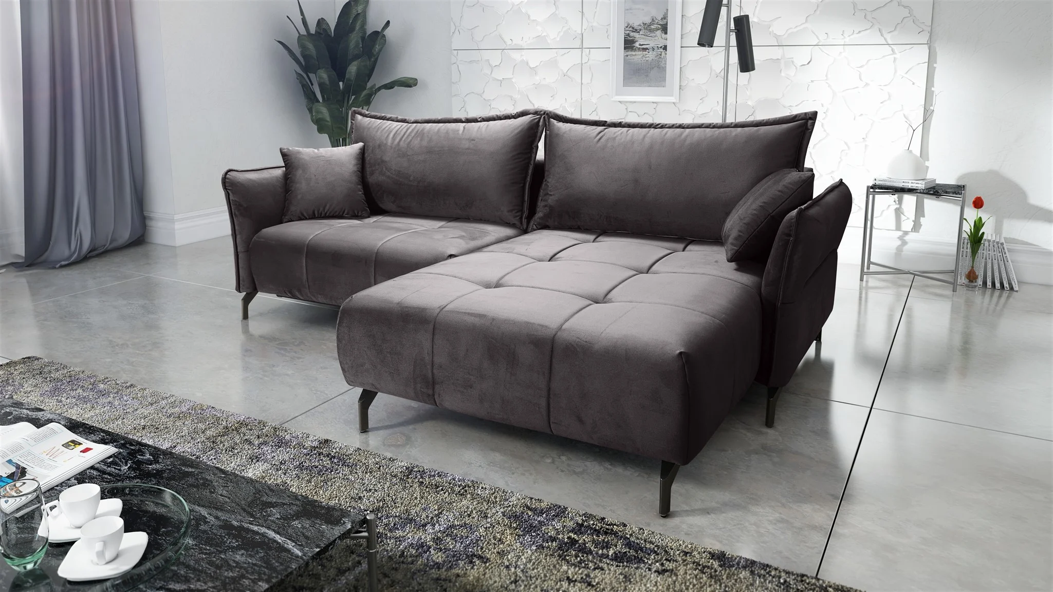 Ecksofa Schlafsofa Sofa VICTORIA Stoff Element Grafit Ottomane Rechts - Fun Möbel