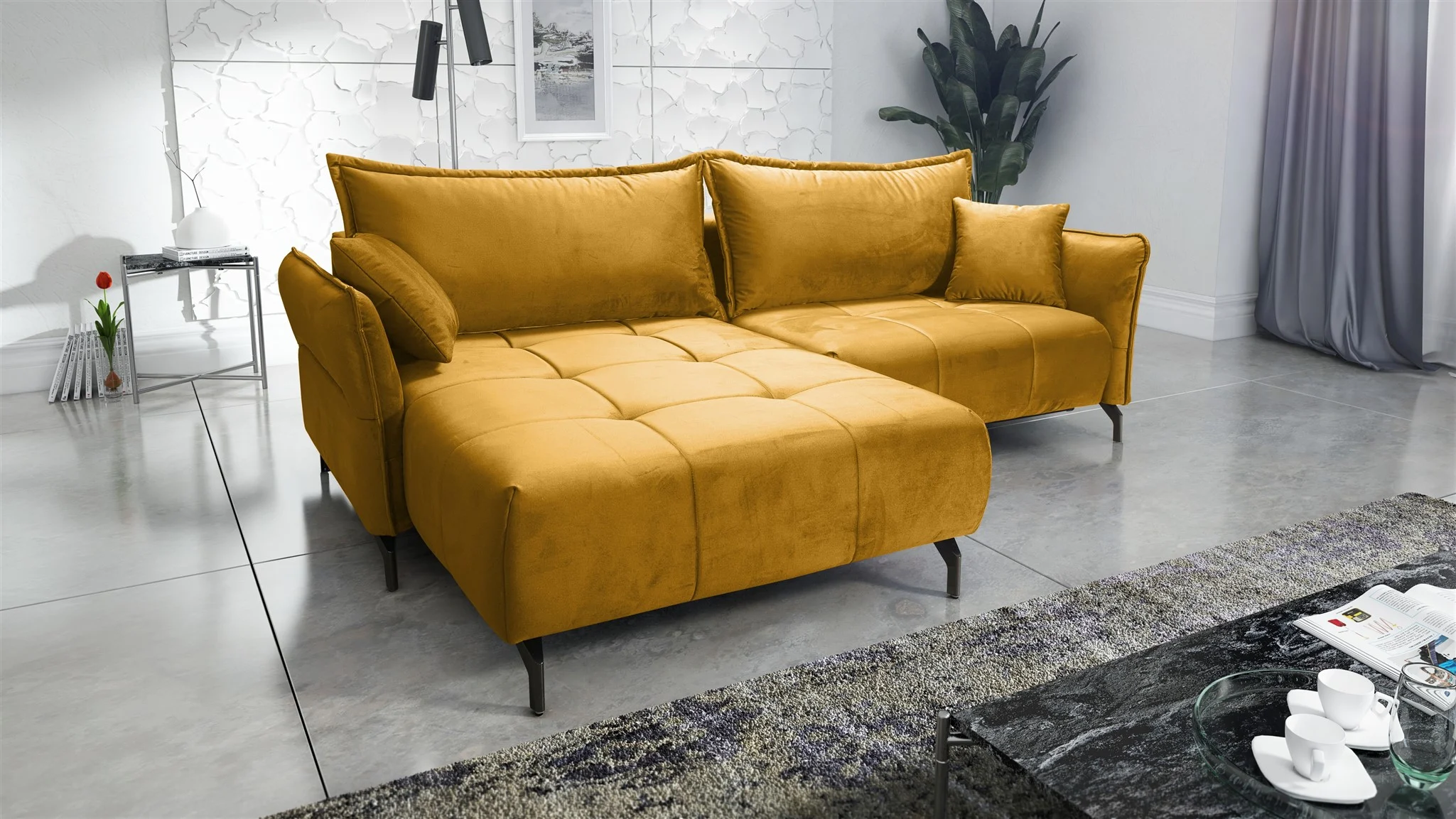 Ecksofa Schlafsofa Sofa VICTORIA Stoff Element Honiggelb Ottomane Links - Fun Möbel