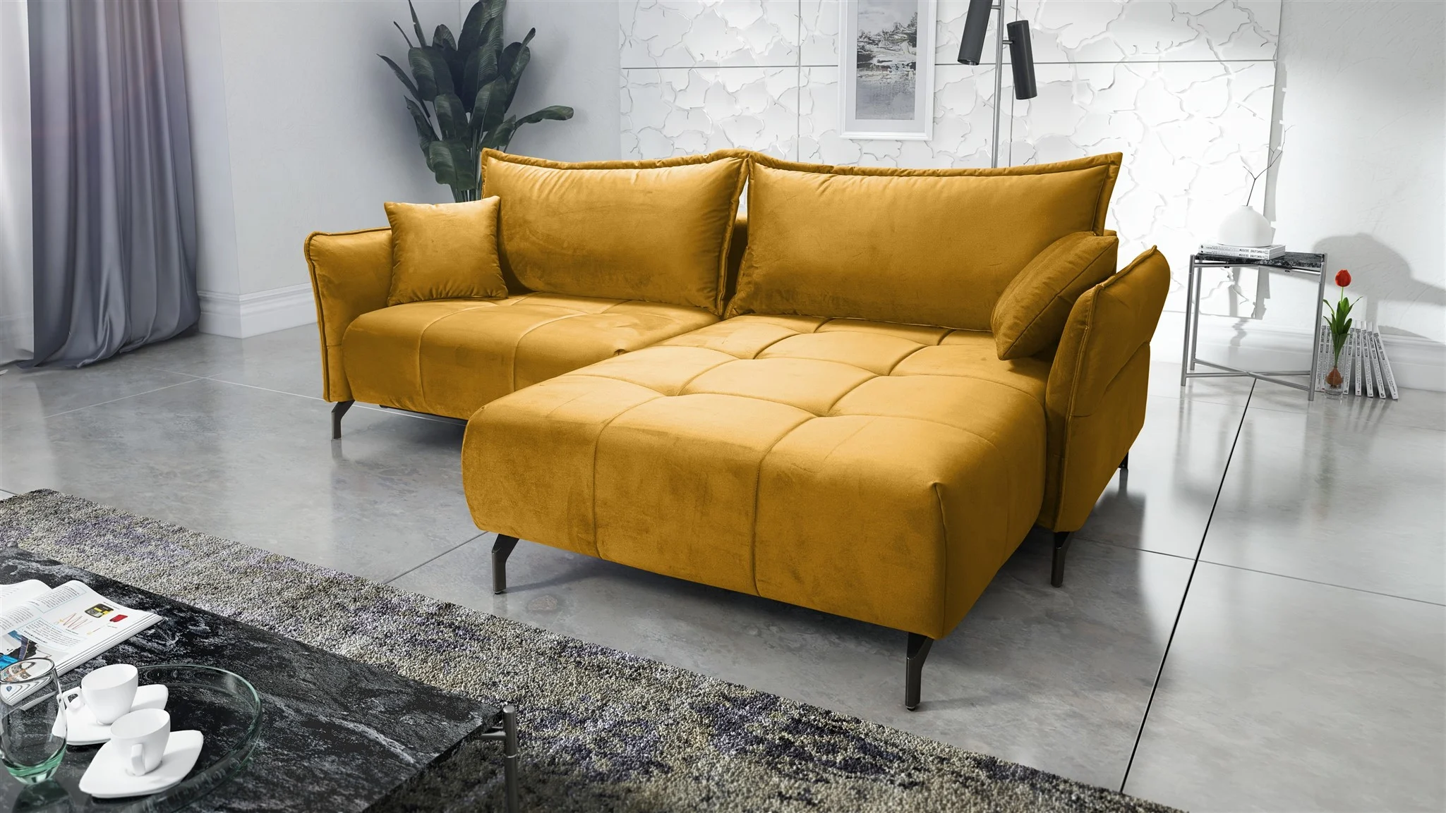 Ecksofa Schlafsofa Sofa VICTORIA Stoff Element Honiggelb Ottomane Rechts - Fun Möbel