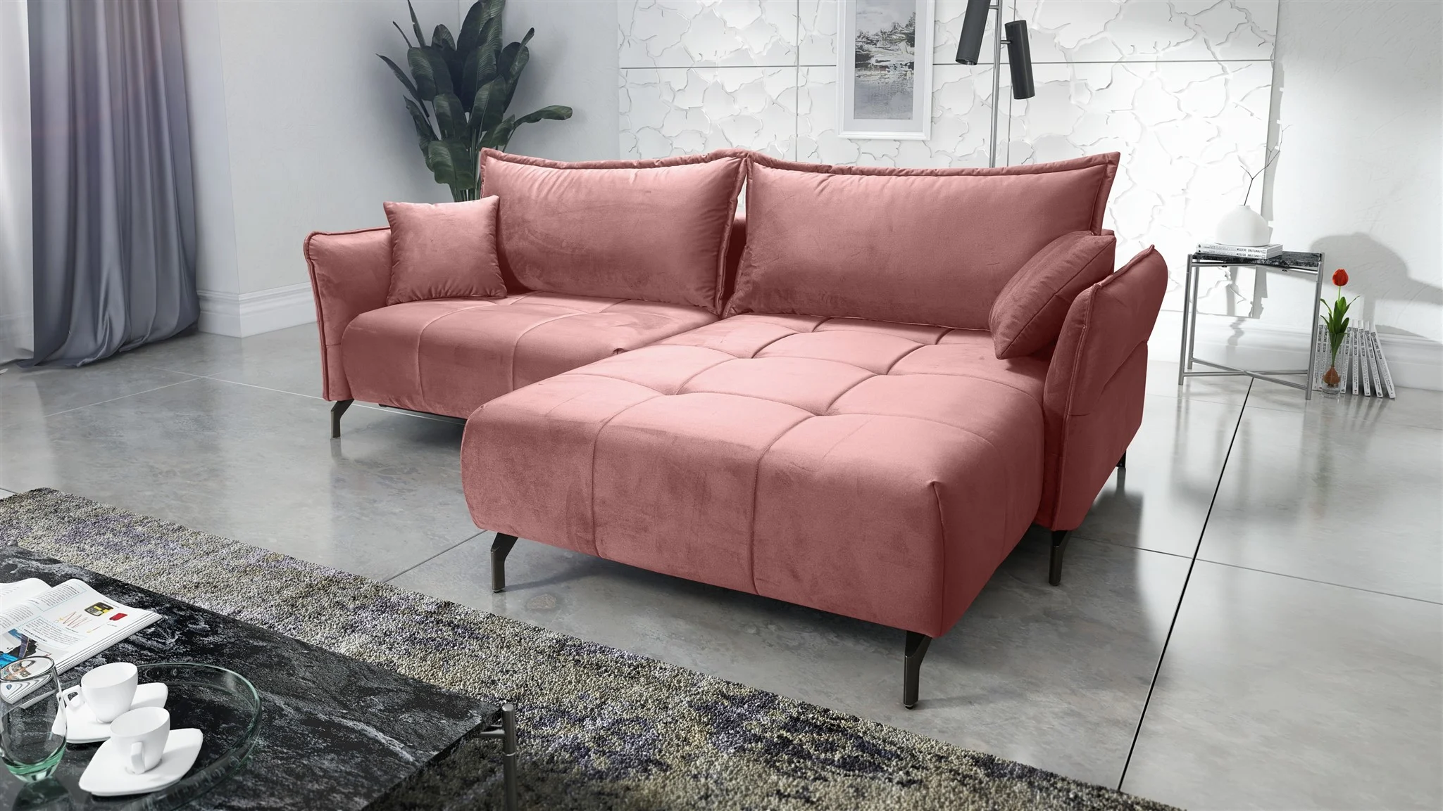 Ecksofa Schlafsofa Sofa VICTORIA Stoff Element Altrosa Ottomane Rechts - Fun Möbel