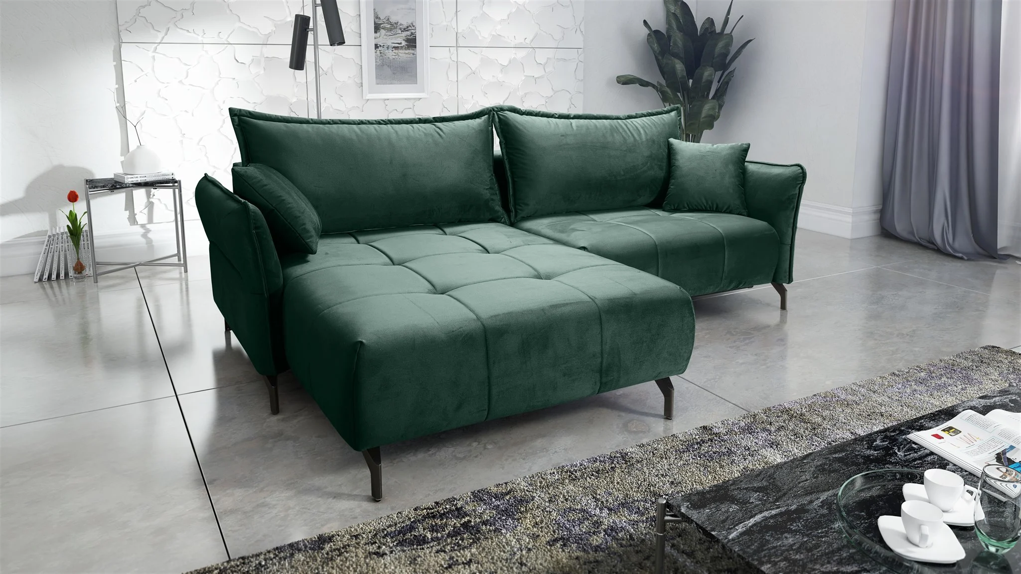 Ecksofa Schlafsofa Sofa VICTORIA Stoff Element Dunkelgrün Ottomane Links - Fun Möbel