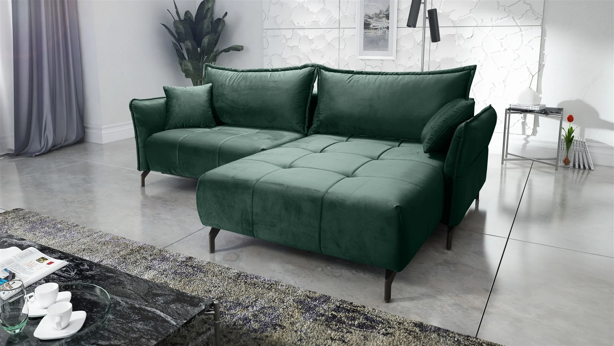 Ecksofa Schlafsofa Sofa VICTORIA Stoff Element Dunkelgrün Ottomane Rechts - Fun Möbel