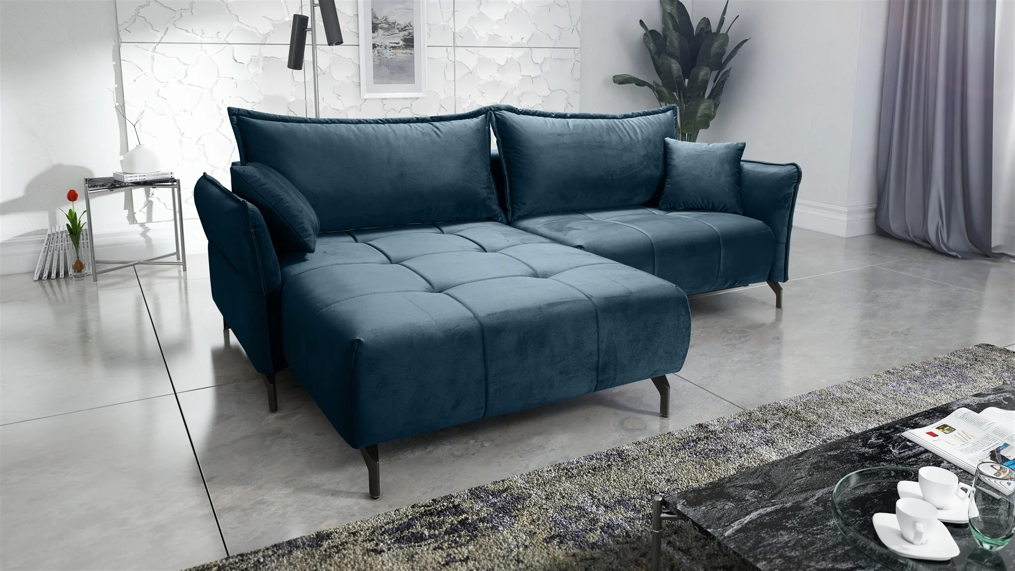 Ecksofa Schlafsofa Sofa VICTORIA Stoff Element Dunkelblau Ottomane Links - Fun Möbel