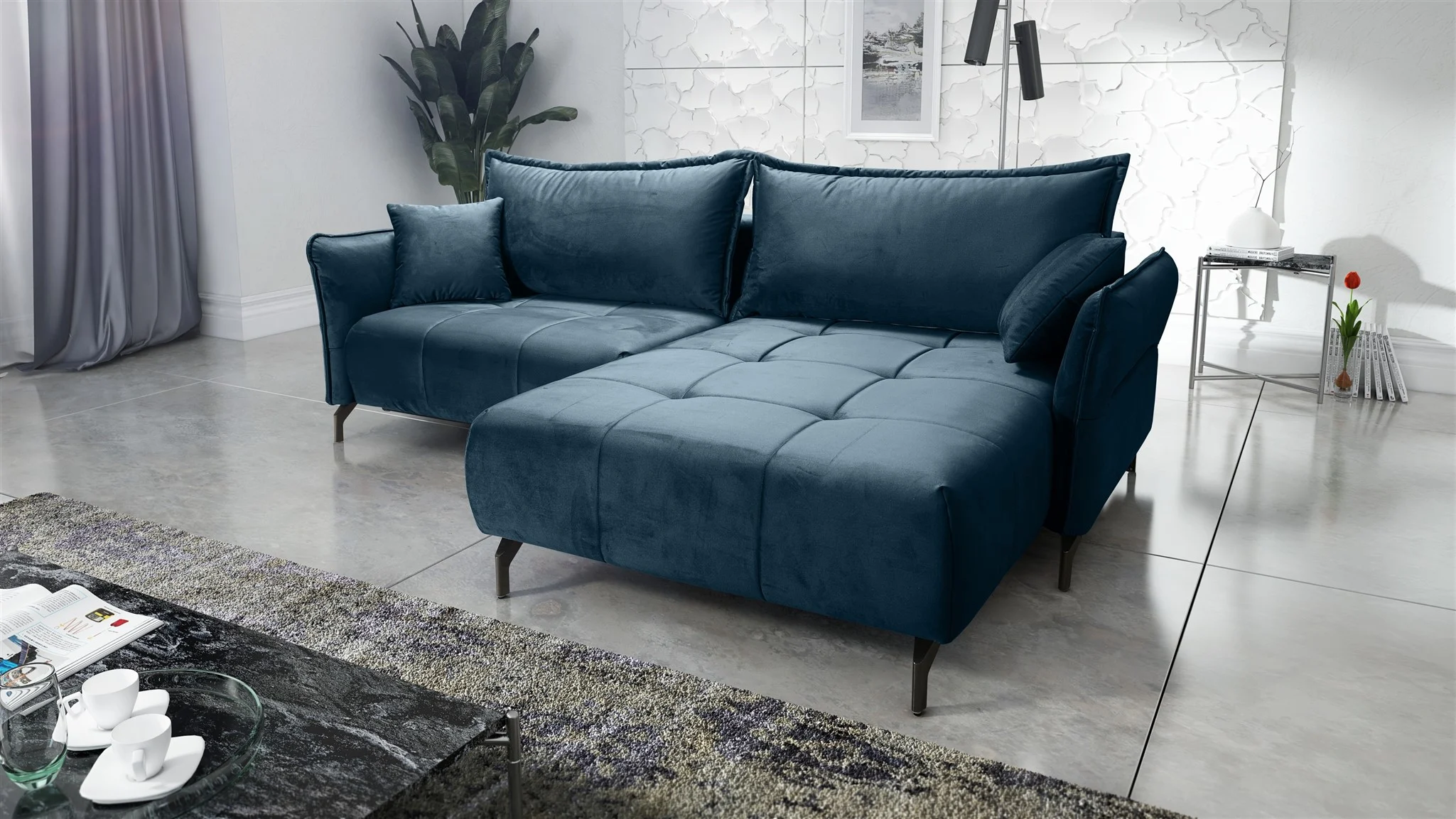 Ecksofa Schlafsofa Sofa VICTORIA Stoff Element Dunkelblau Ottomane Rechts - Fun Möbel
