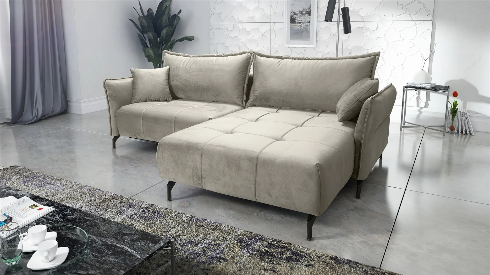 Ecksofa Schlafsofa Sofa VICTORIA Stoff Element Hellbeige Ottomane Rechts - Fun Möbel