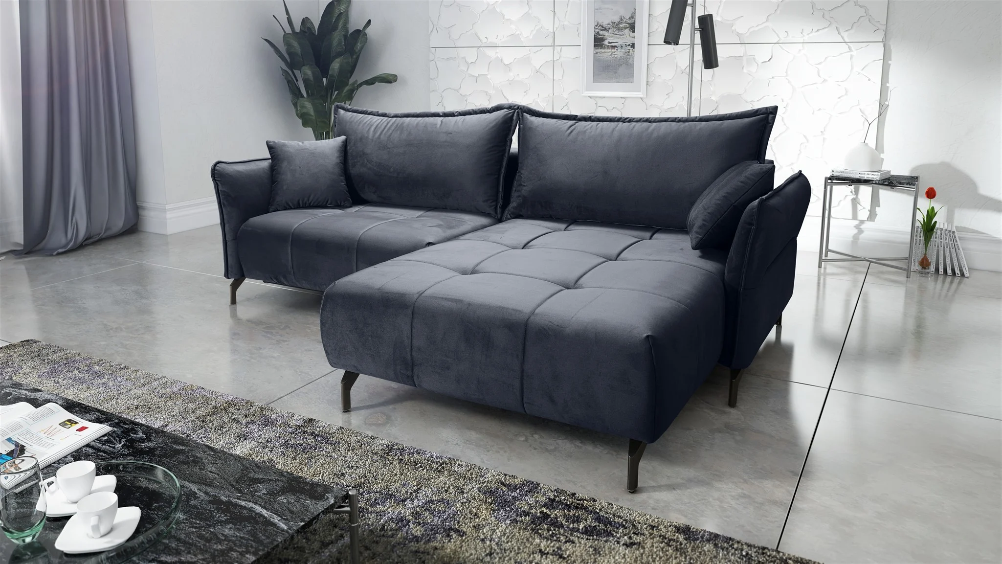 Ecksofa Schlafsofa Sofa VICTORIA Stoff Element Dunkelgrau Ottomane Rechts - Fun Möbel