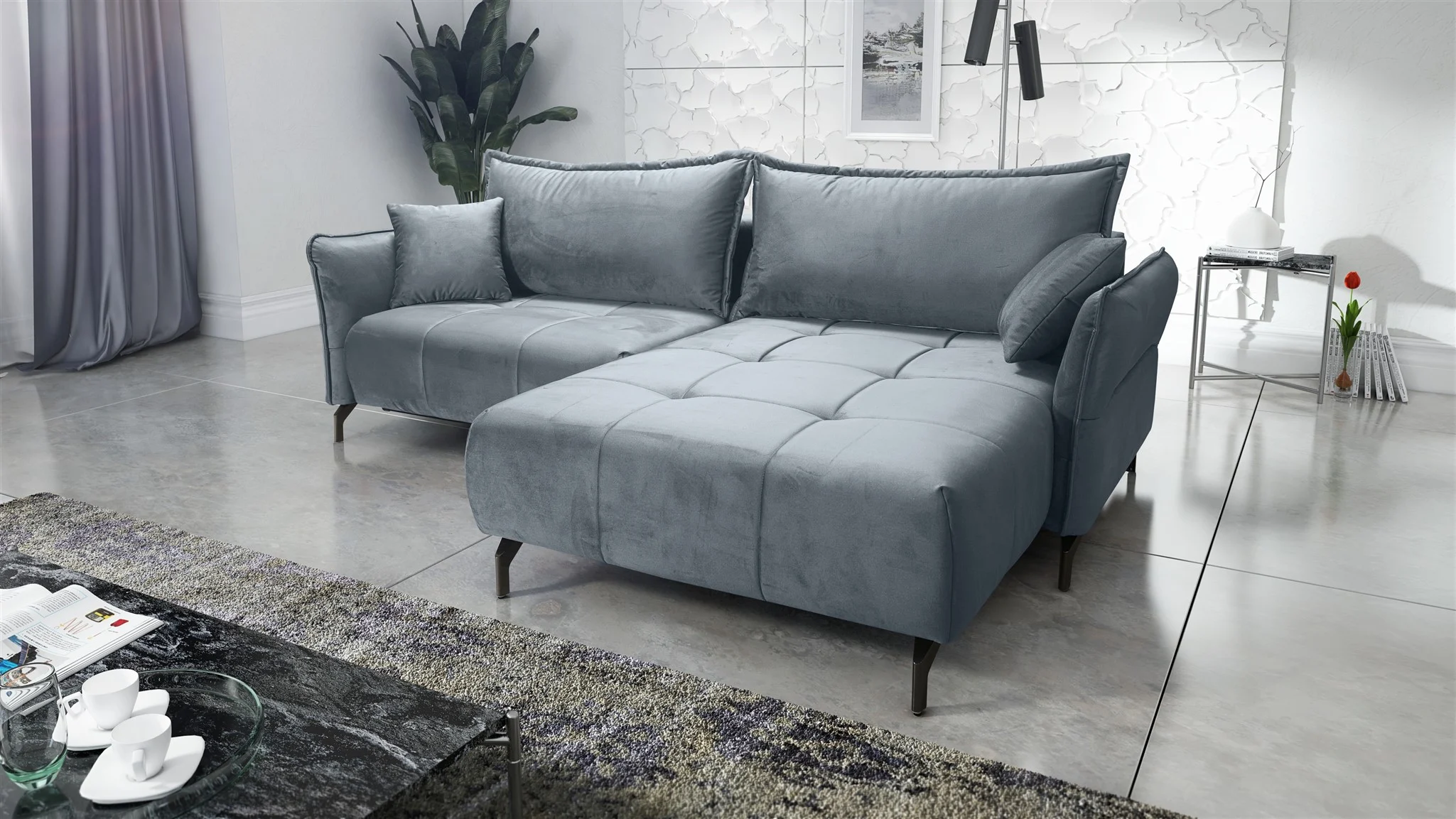 Ecksofa Schlafsofa Sofa VICTORIA Stoff Element Grau Ottomane Rechts - Fun Möbel