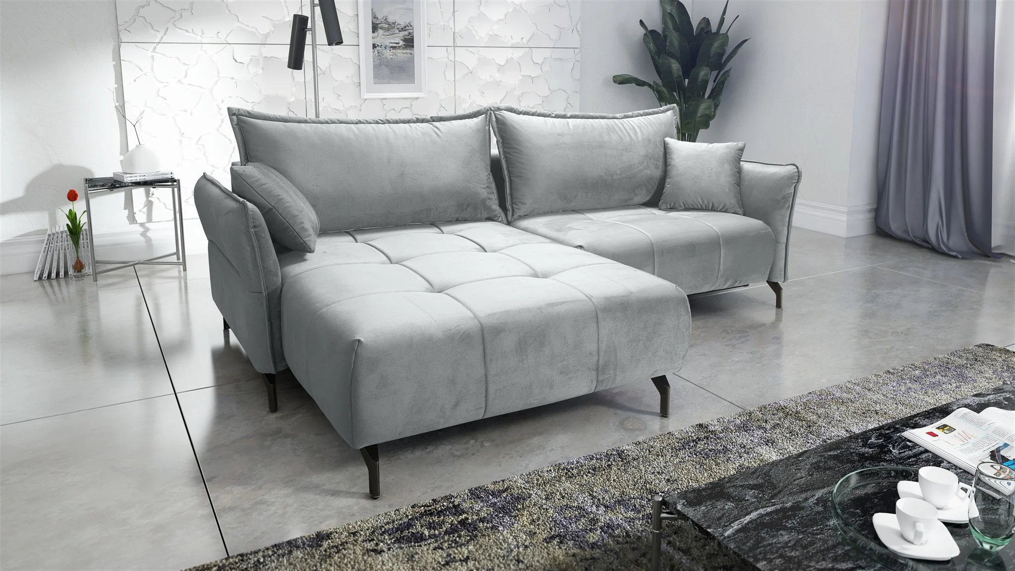 Ecksofa Schlafsofa Sofa VICTORIA Stoff Element Hellgrau Ottomane Links - Fun Möbel