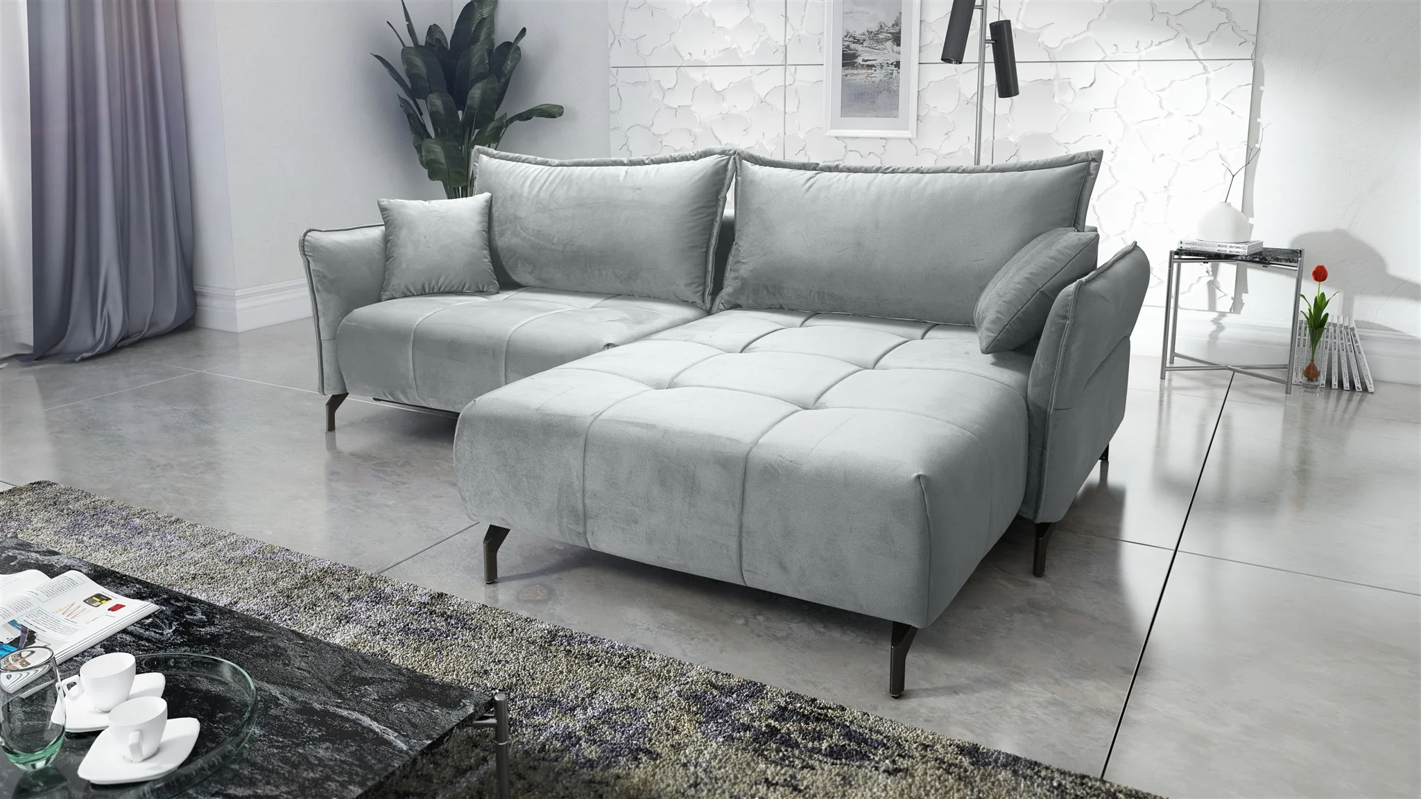 Ecksofa Schlafsofa Sofa VICTORIA Stoff Element Hellgrau Ottomane Rechts - Fun Möbel