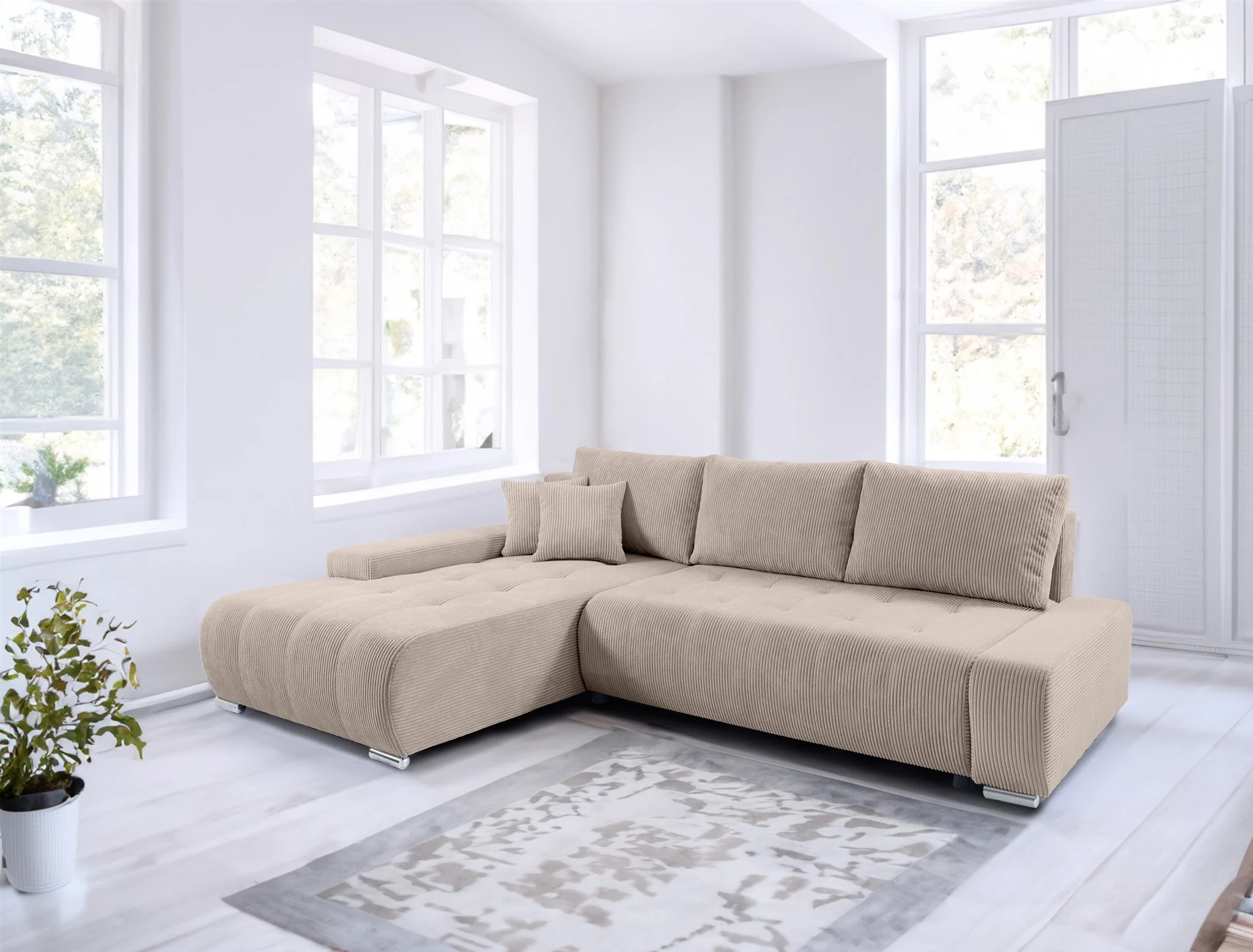 Ecksofa Sofa mit Schlaffunktion VOGAR Stoff Poso Beige Ottomane Links - Fun Möbel