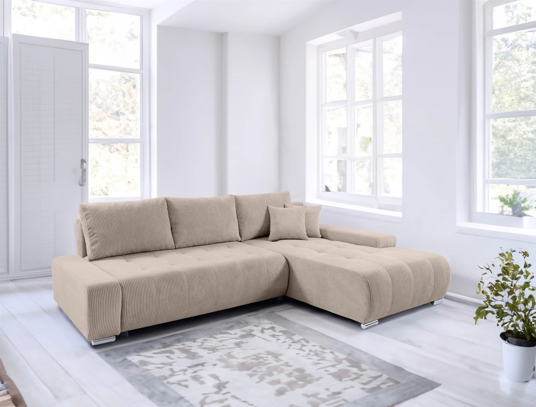 Ecksofa Sofa mit Schlaffunktion VOGAR Stoff Poso Beige Ottomane Rechts - Fun Möbel