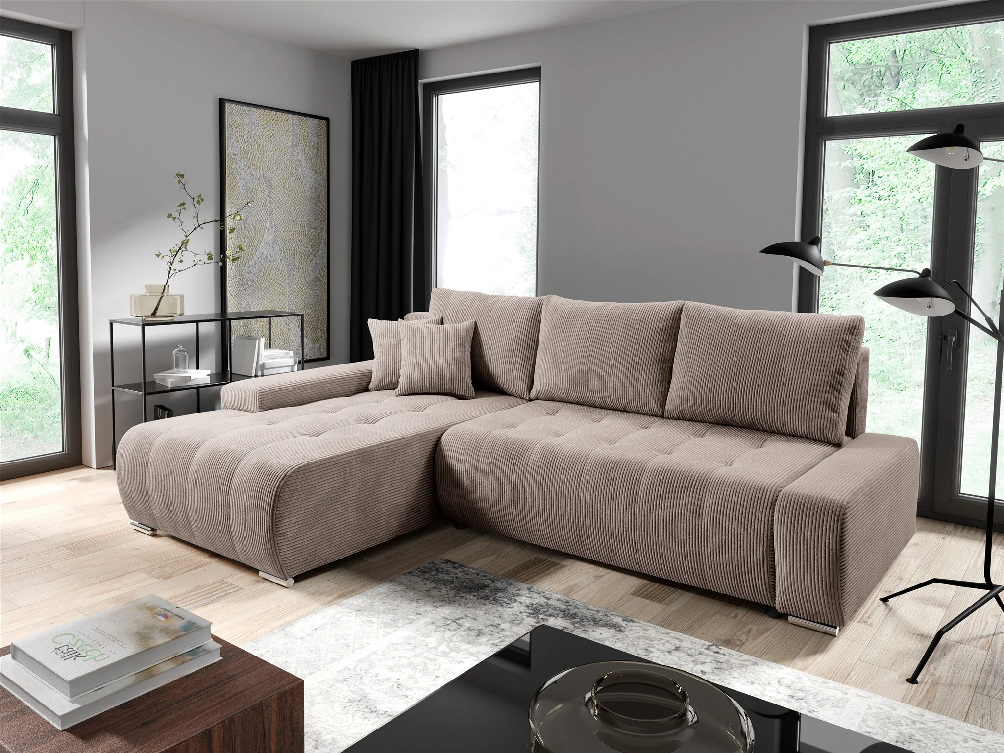 Ecksofa Sofa mit Schlaffunktion VOGAR Stoff Poso Hellbraun Ottomane Links - Fun Möbel