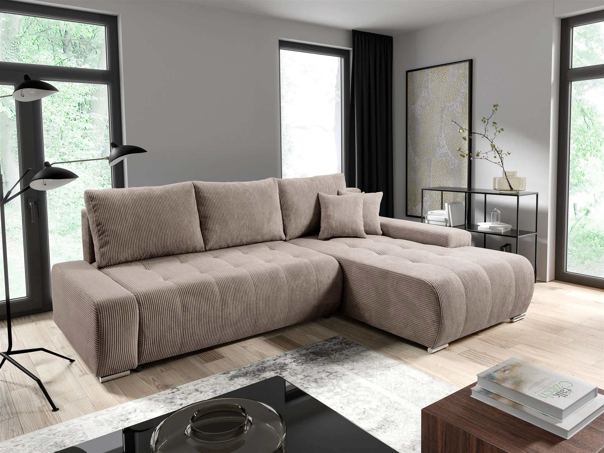 Ecksofa Sofa mit Schlaffunktion VOGAR Stoff Poso Hellbraun Ottomane Rechts - Fun Möbel