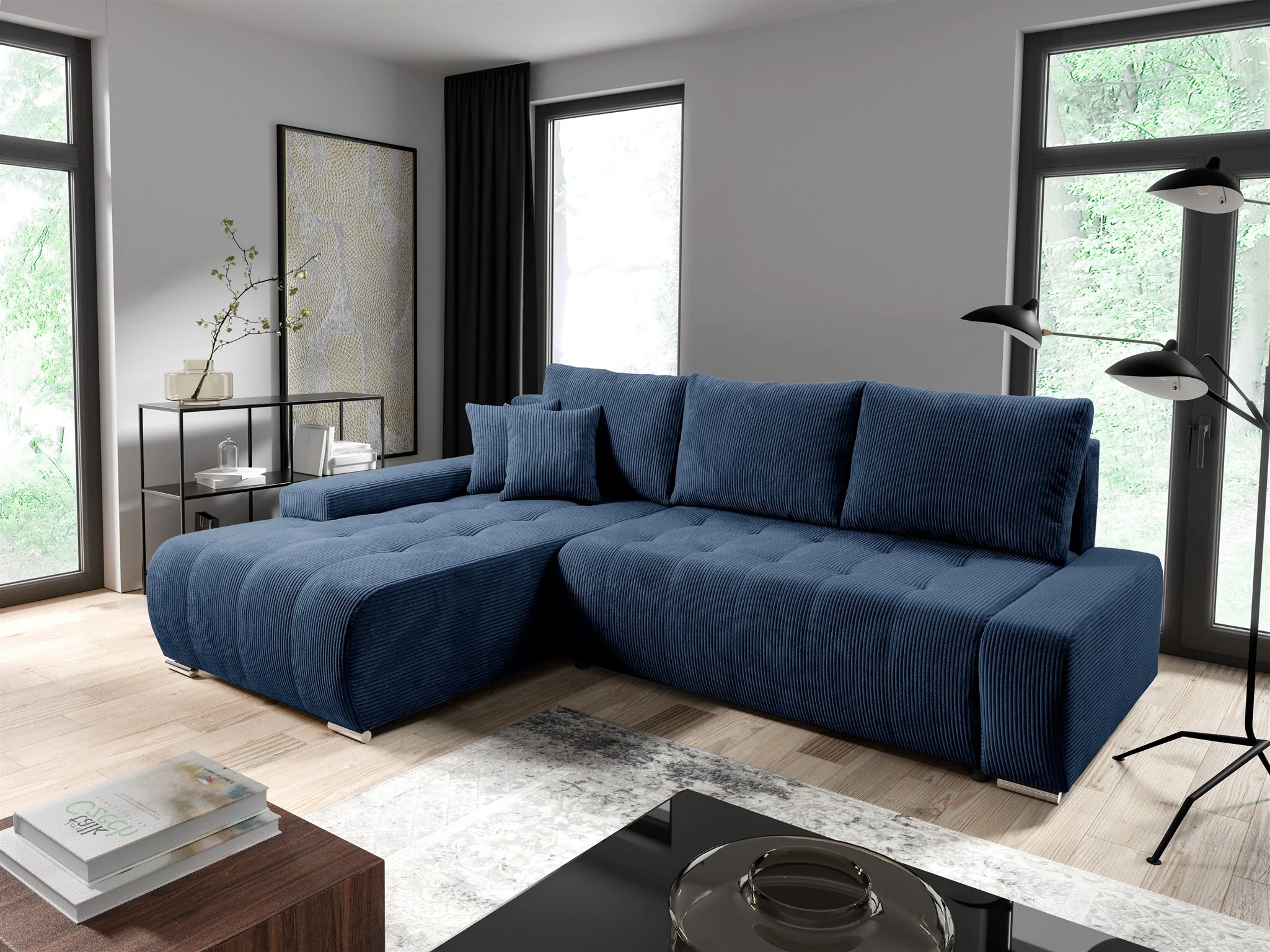 Ecksofa Sofa mit Schlaffunktion VOGAR Stoff Poso Blau Ottomane Links - Fun Möbel