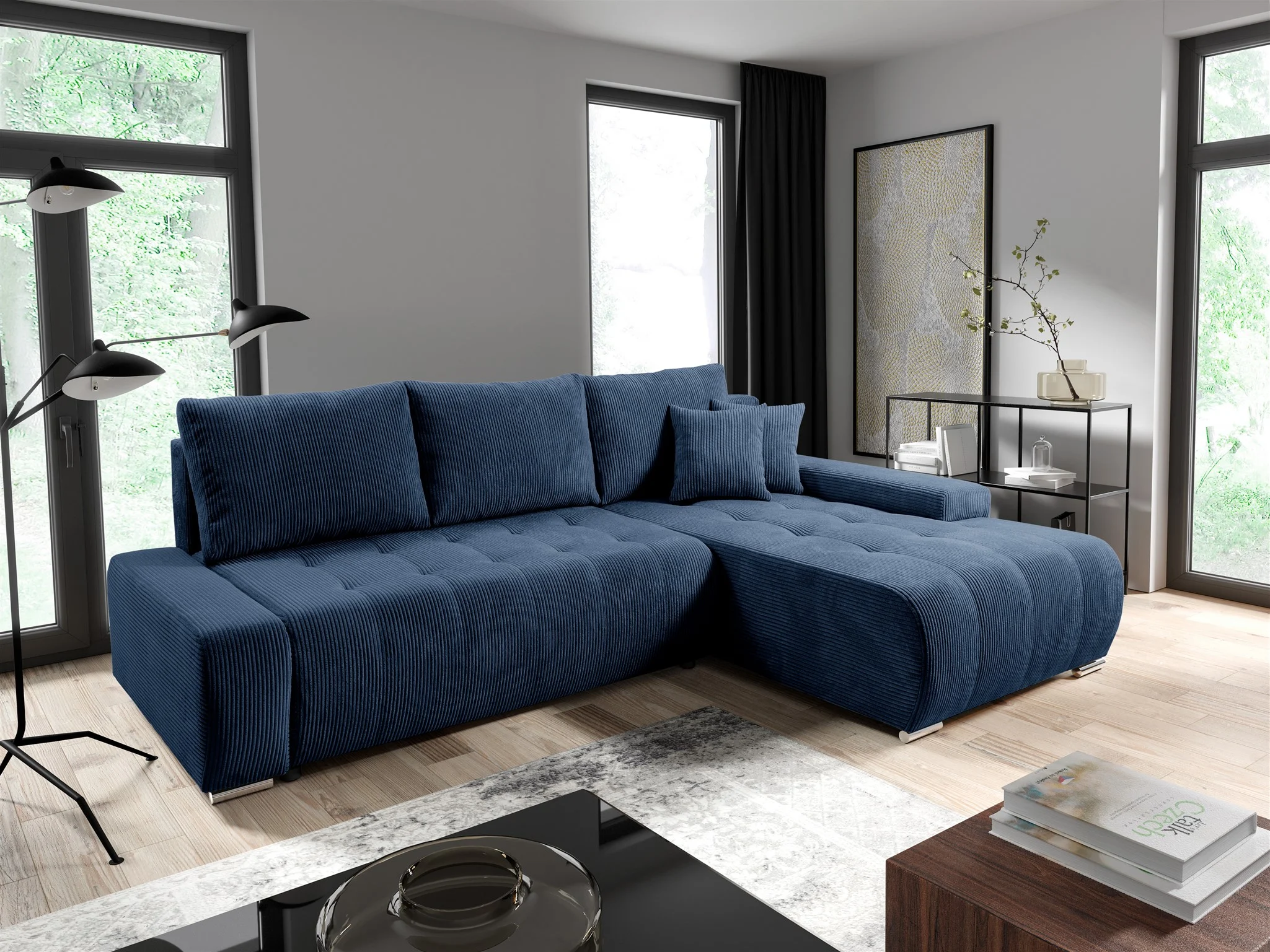 Ecksofa Sofa mit Schlaffunktion VOGAR Stoff Poso Blau Ottomane Rechts - Fun Möbel