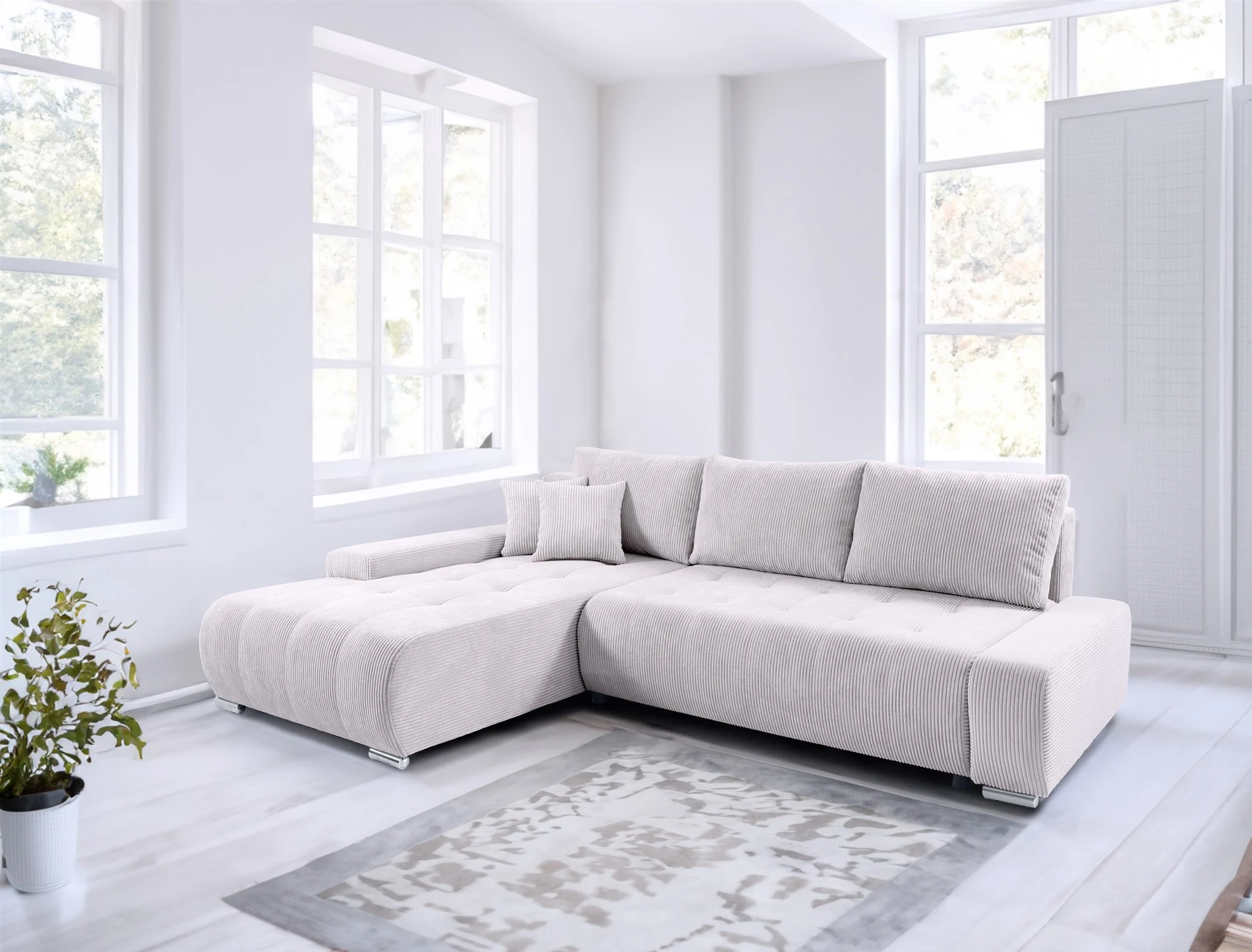 Ecksofa Sofa mit Schlaffunktion VOGAR Stoff Poso Altweiß Ottomane Links - Fun Möbel