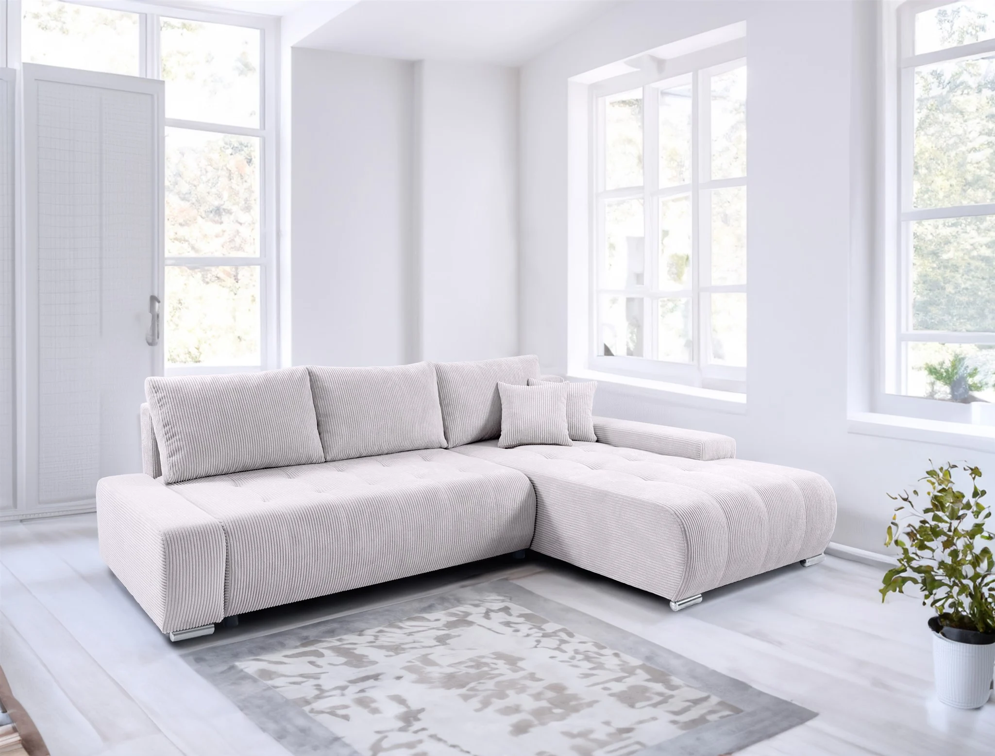 Ecksofa Sofa mit Schlaffunktion VOGAR Stoff Poso Altweiß Ottomane Rechts - Fun Möbel