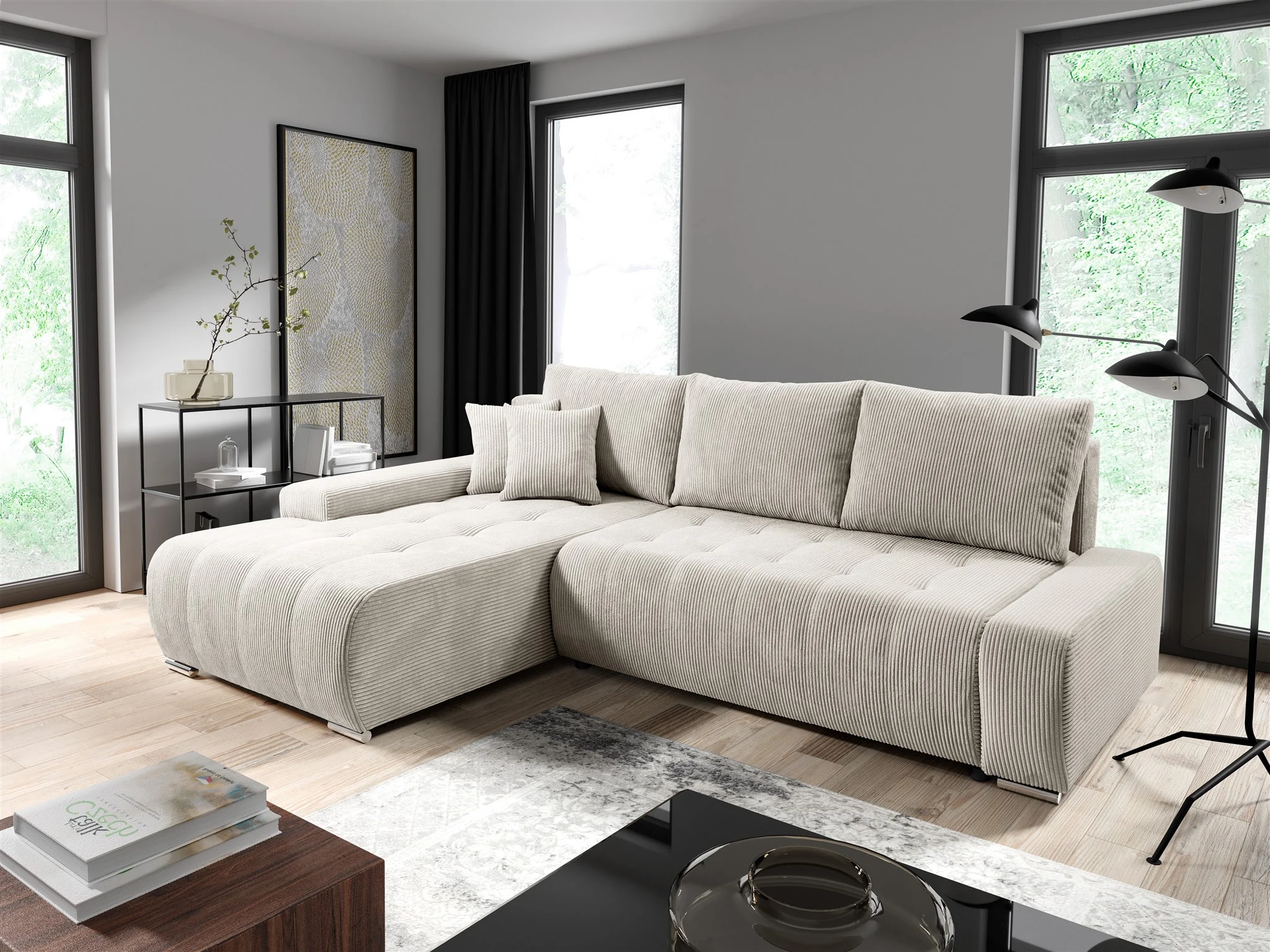 Ecksofa Sofa mit Schlaffunktion VOGAR Stoff Poso Creme Ottomane Links - Fun Möbel