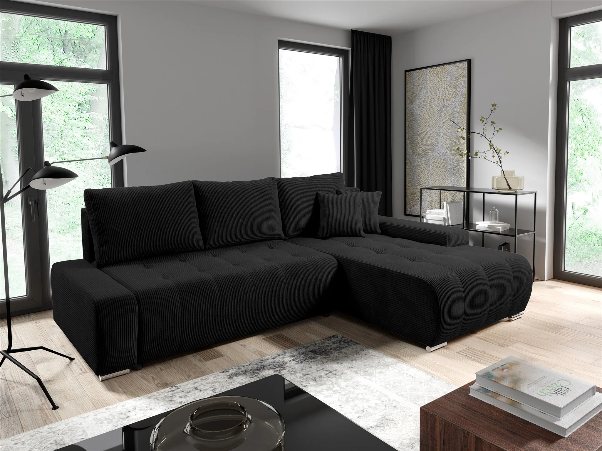 Ecksofa Sofa mit Schlaffunktion VOGAR Stoff Poso Schwarz Ottomane Rechts - Fun Möbel