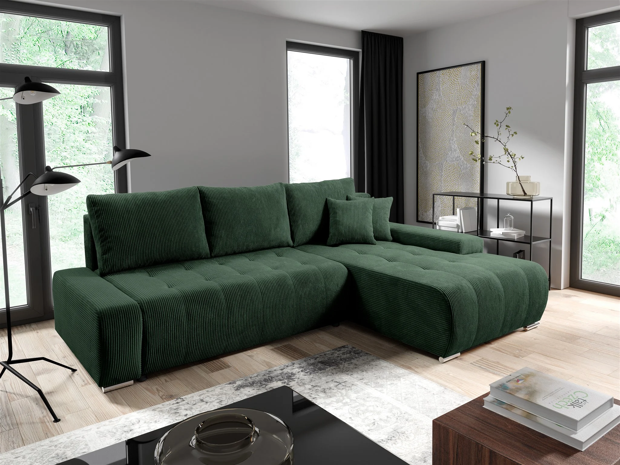 Ecksofa Sofa mit Schlaffunktion VOGAR Stoff Poso Grün Ottomane Rechts - Fun Möbel