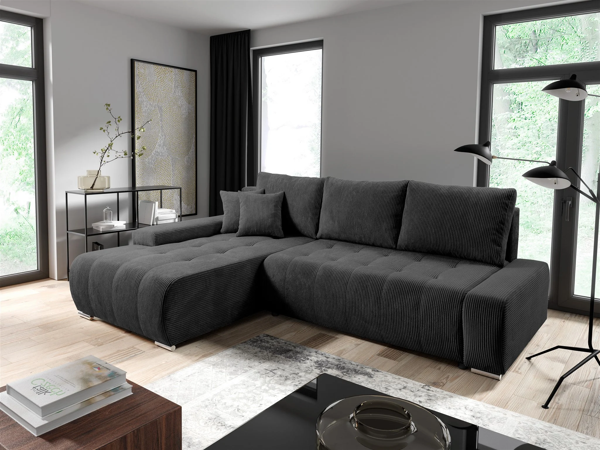 Ecksofa Sofa mit Schlaffunktion VOGAR Stoff Poso Dunkelgrau Ottomane Links - Fun Möbel