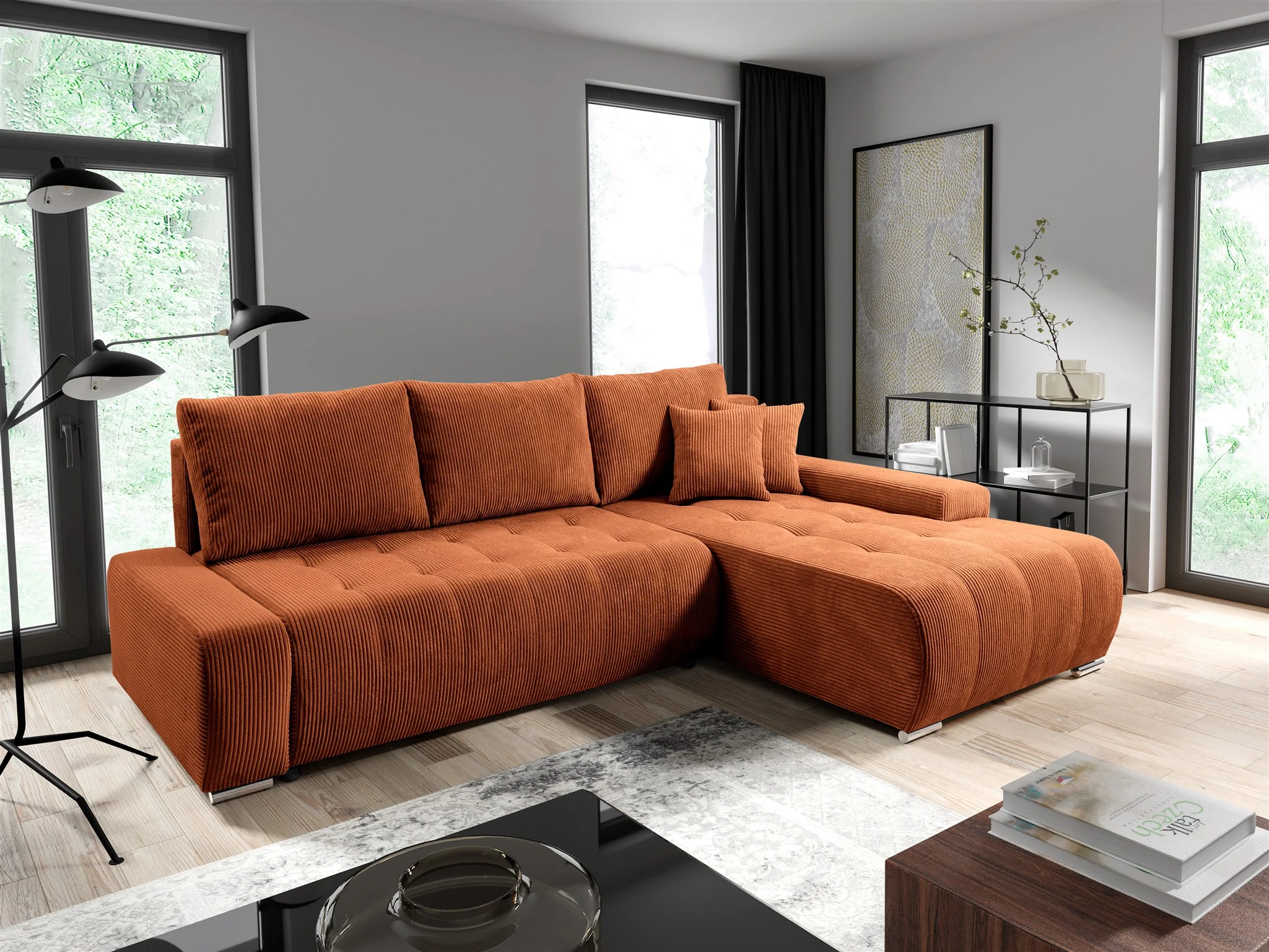 Ecksofa Sofa mit Schlaffunktion VOGAR Stoff Poso Rostbraun Ottomane Rechts - Fun Möbel