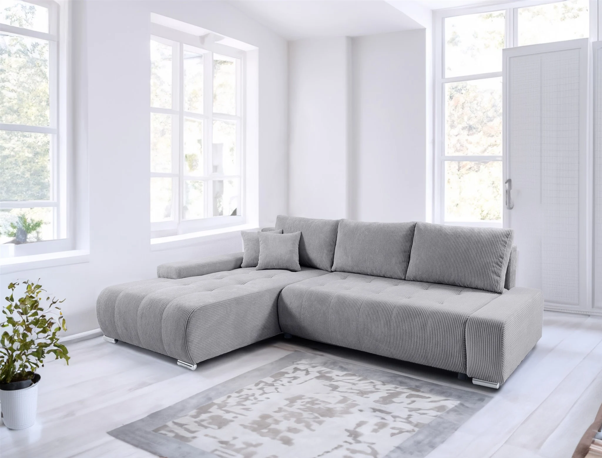 Ecksofa Sofa mit Schlaffunktion VOGAR Stoff Poso Hellgrau Ottomane Links - Fun Möbel