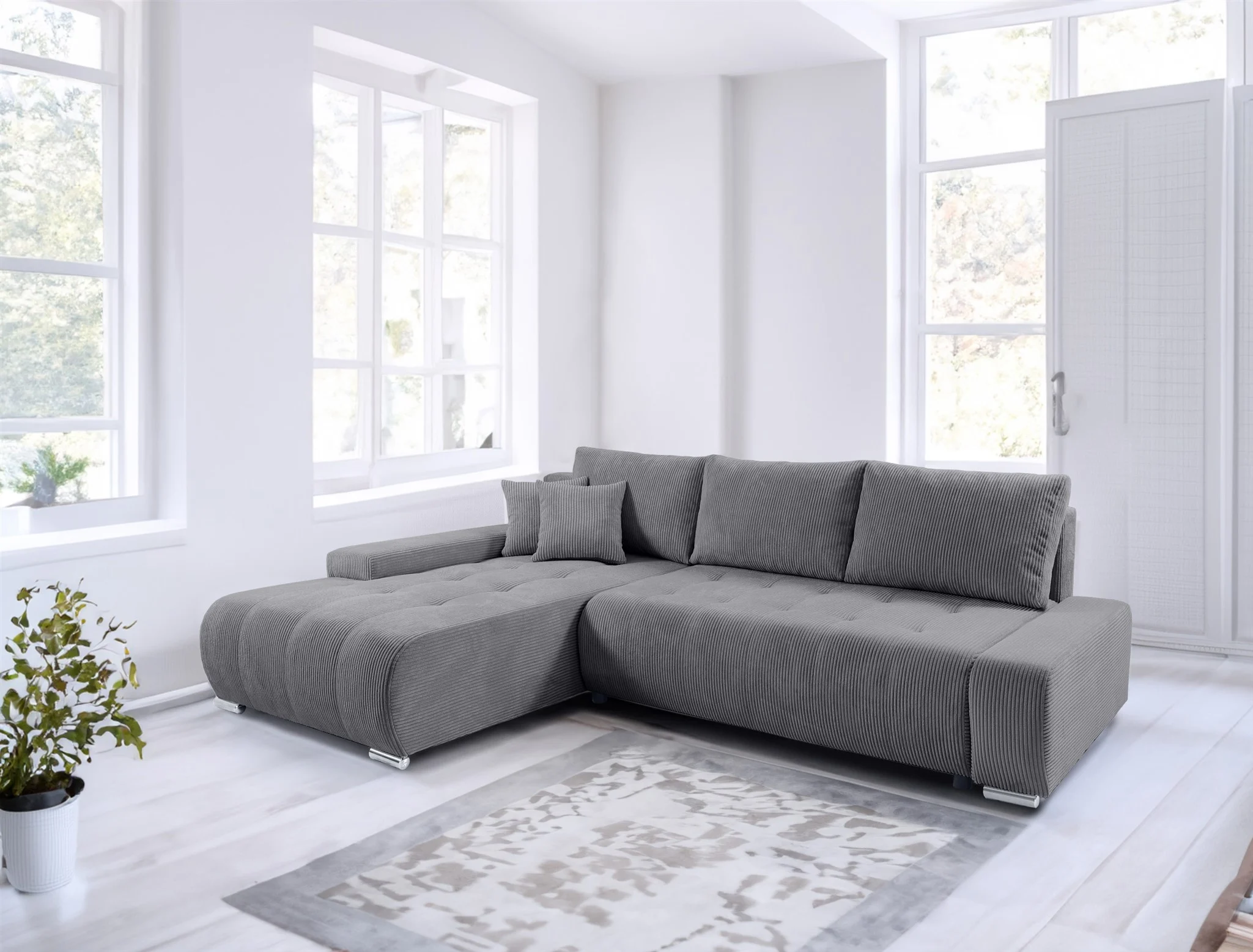 Ecksofa Sofa mit Schlaffunktion VOGAR Stoff Poso Grau Ottomane Links - Fun Möbel