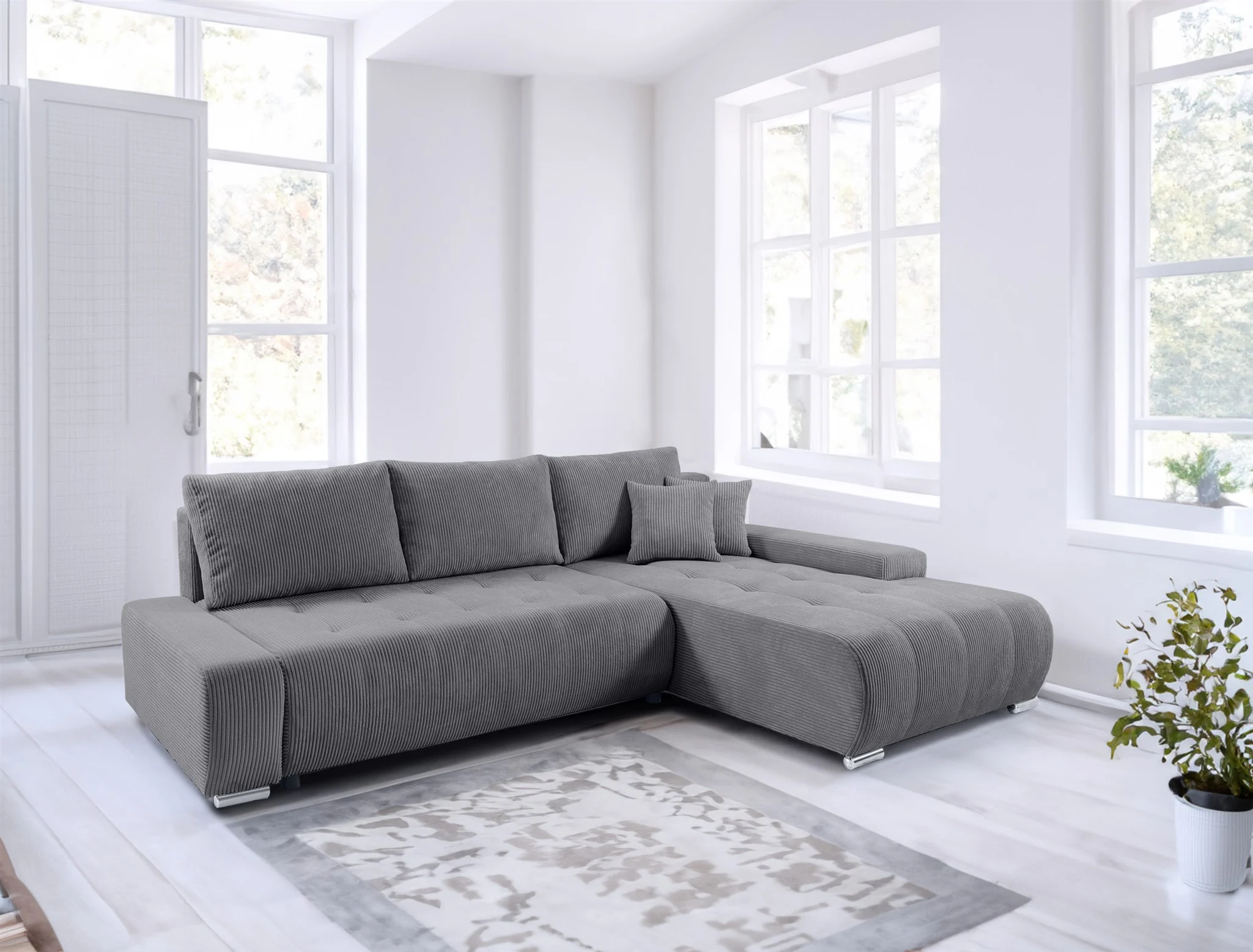 Ecksofa Sofa mit Schlaffunktion VOGAR Stoff Poso Grau Ottomane Rechts - Fun Möbel