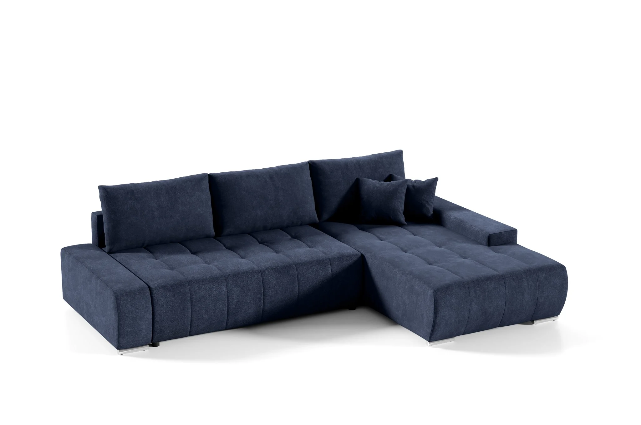 Ecksofa Sofa mit Schlaffunktion VOGAR Stoff Aston Dunkelblau Ottomane Rechts - Fun Möbel