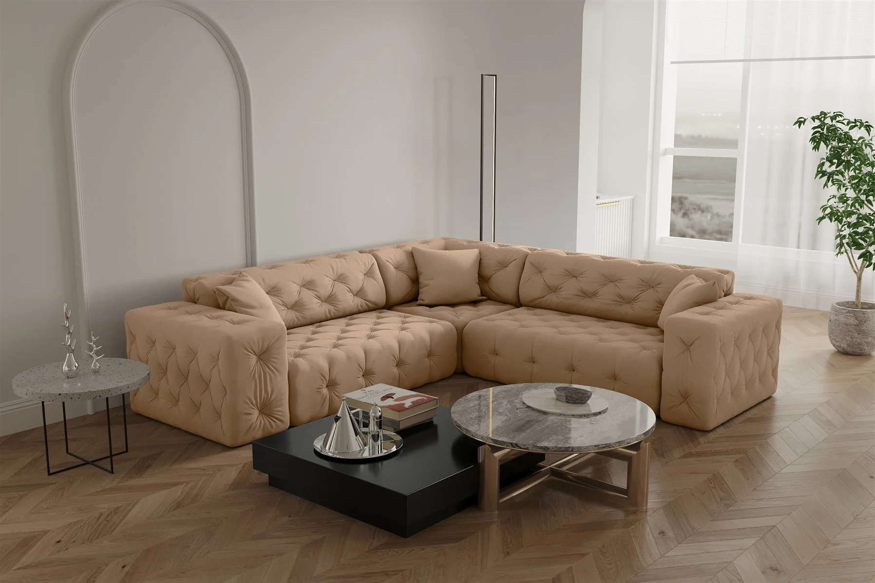 Ecksofa Designersofa CHANTAL in Stoff Opera Velvet Beige Seite Universal - Fun Moebel