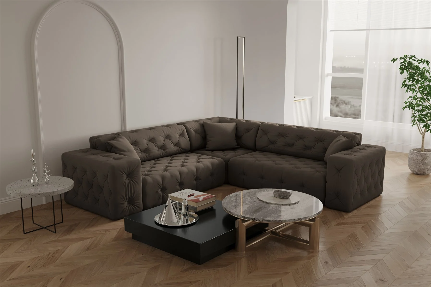 Ecksofa Designersofa CHANTAL in Stoff Opera Velvet Braun Seite Universal - Fun Moebel