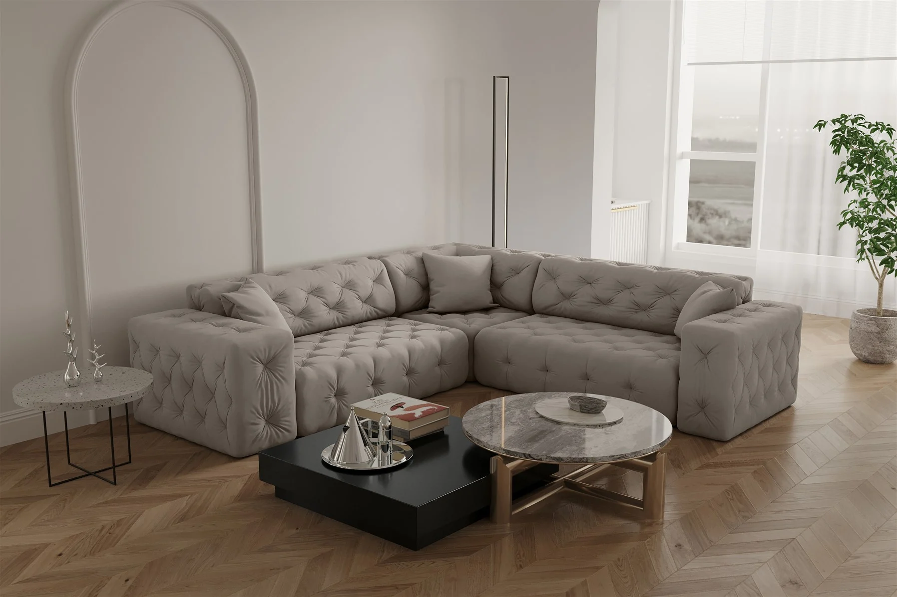 Ecksofa Designersofa CHANTAL in Stoff Opera Velvet Cream Seite Universal - Fun Moebel