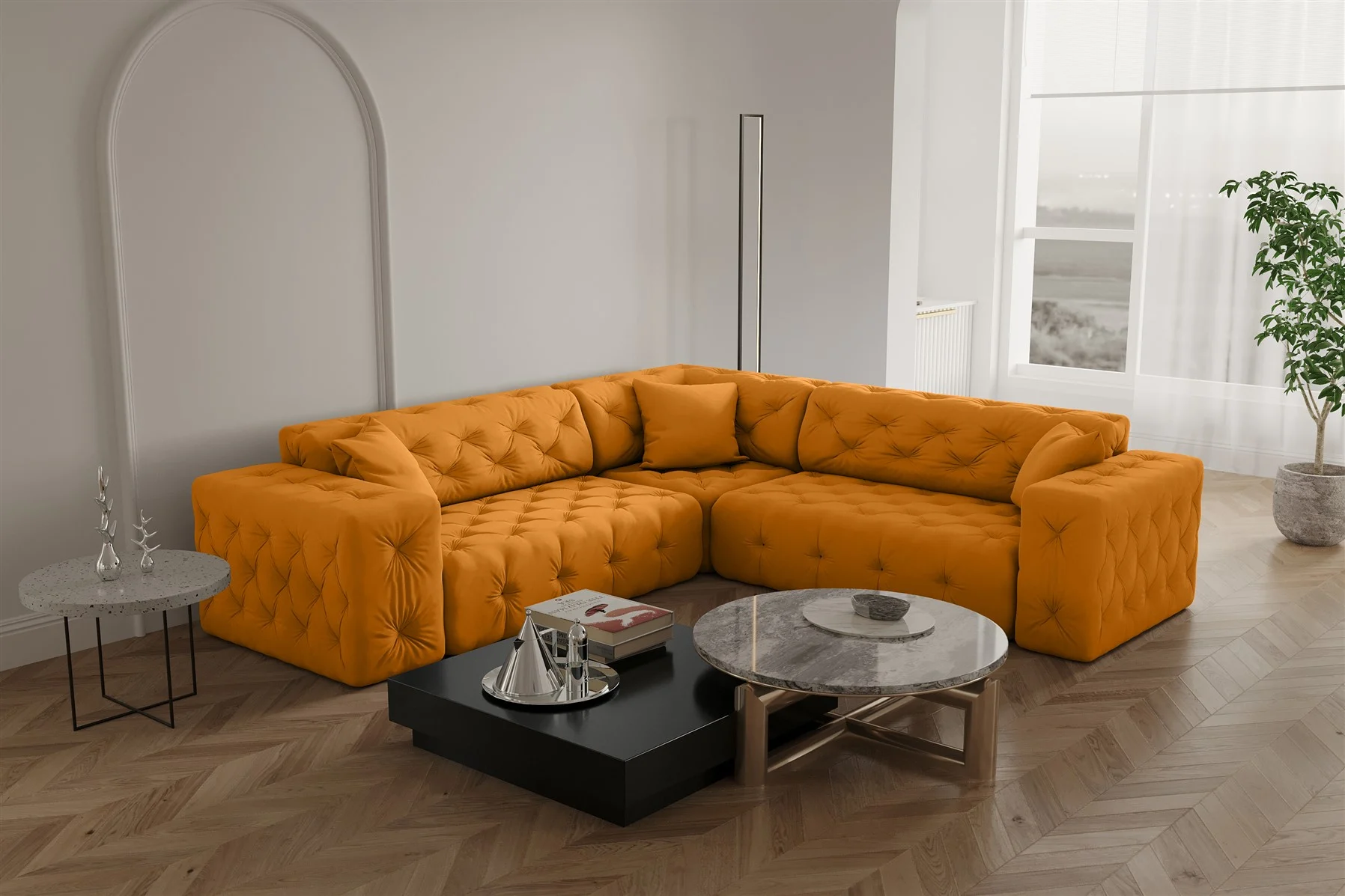 Ecksofa Designersofa CHANTAL in Stoff Opera Velvet Gelb Seite Universal - Fun Moebel