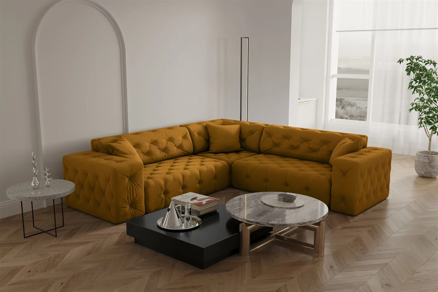 Ecksofa Designersofa CHANTAL in Stoff Opera Velvet Gelbgold Seite Universal - Fun Moebel