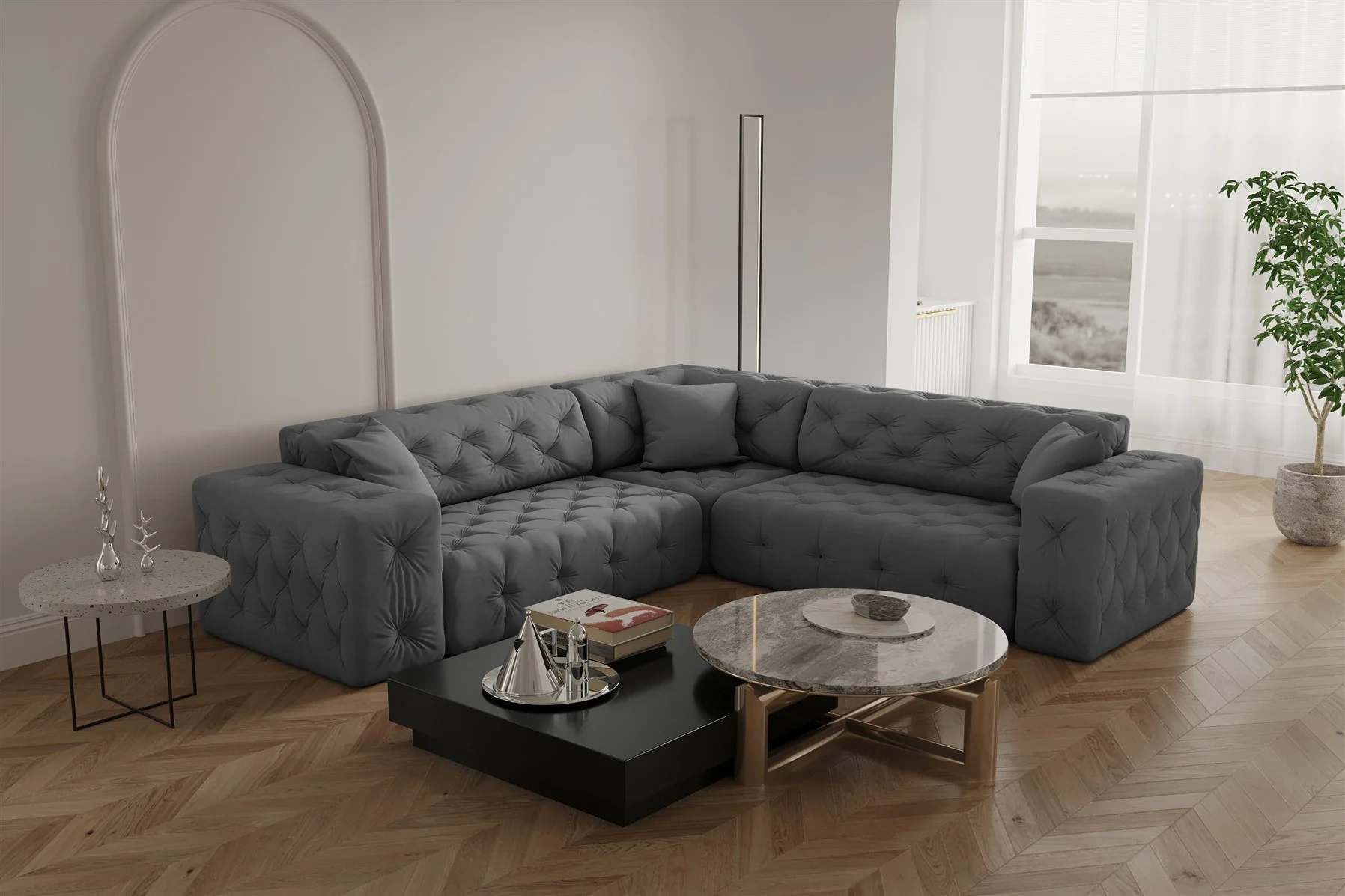 Ecksofa Designersofa CHANTAL in Stoff Opera Velvet Grau Seite Universal - Fun Moebel