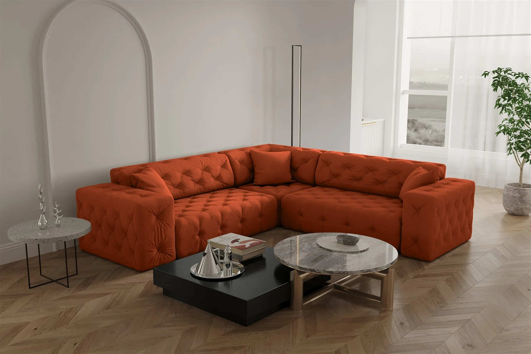 Ecksofa Designersofa CHANTAL in Stoff Opera Velvet Orange Seite Universal - Fun Moebel