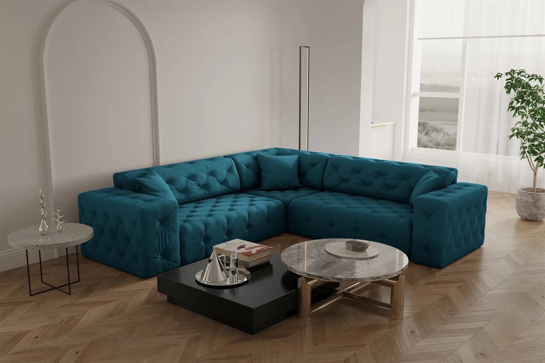 Ecksofa Designersofa CHANTAL in Stoff Opera Velvet Ozeanblau Seite Universal - Fun Moebel