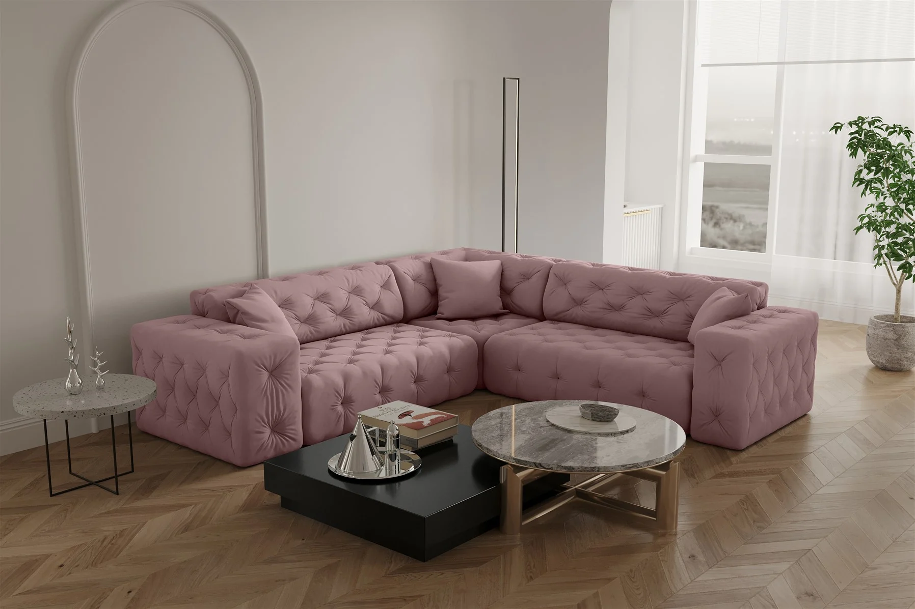 Ecksofa Designersofa CHANTAL in Stoff Opera Velvet Pink Seite Universal - Fun Moebel