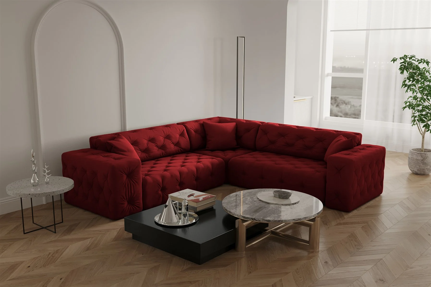 Ecksofa Designersofa CHANTAL in Stoff Opera Velvet Rubinrot Seite Universal - Fun Moebel