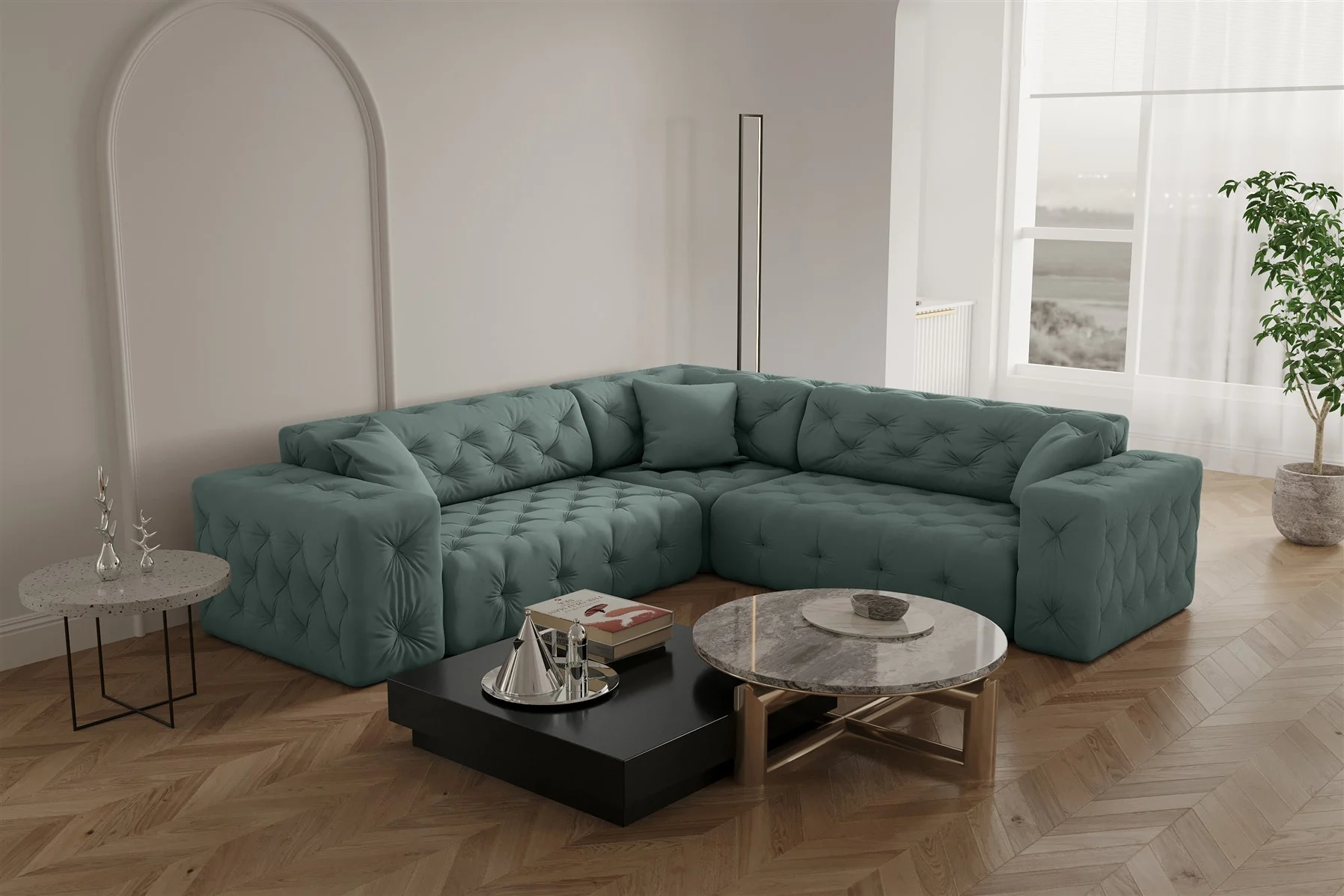 Ecksofa Designersofa CHANTAL in Stoff Opera Velvet Saphir Seite Universal - Fun Moebel