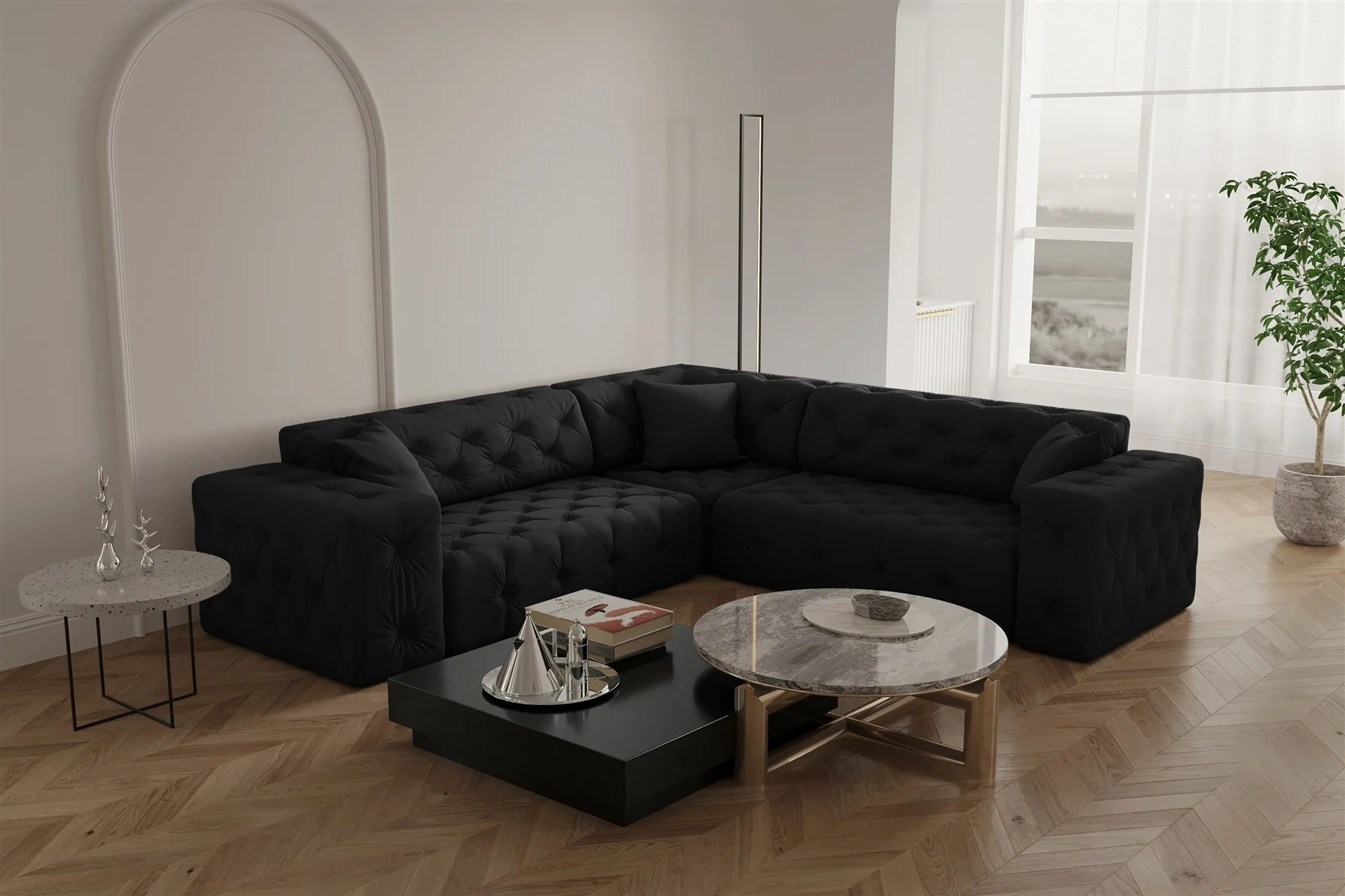 Ecksofa Designersofa CHANTAL in Stoff Opera Velvet Schwarz Seite Universal - Fun Moebel