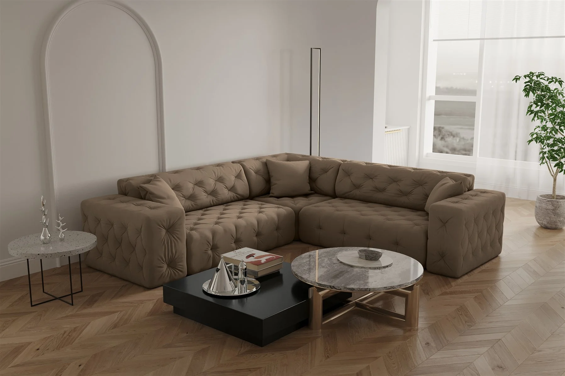 Ecksofa Designersofa CHANTAL in Stoff Opera Velvet Taupe Seite Universal - Fun Moebel